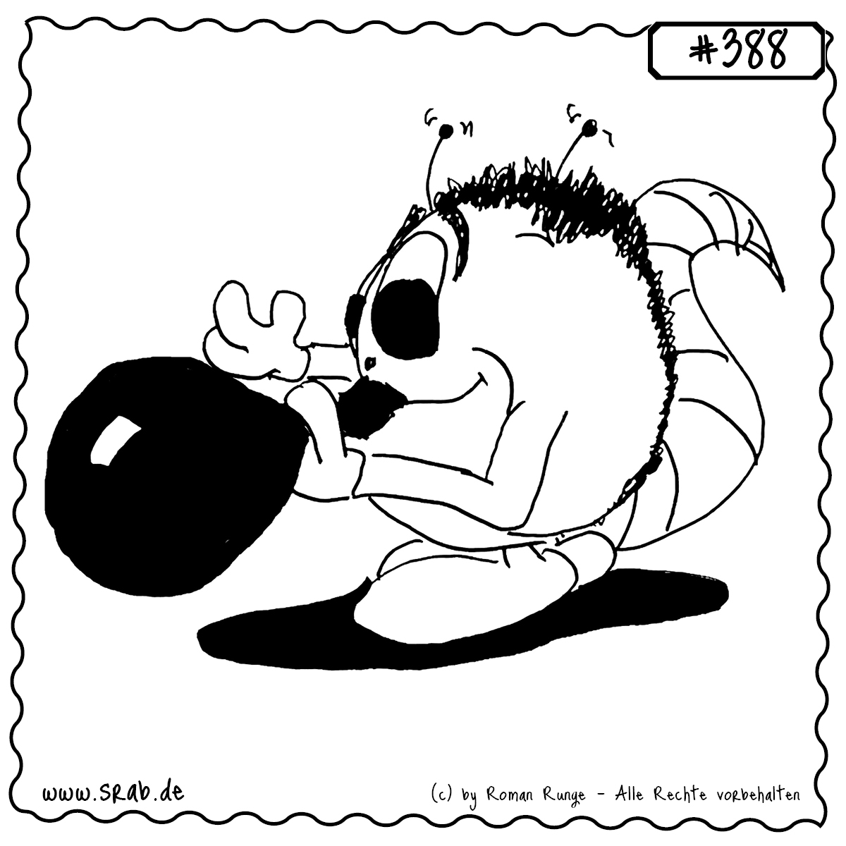 Dieser Srab bläst mit vollem Einsatz einen Luftballon auf – die Backen prall, der Wille groß! Ob Geburtstag, Feier oder einfach Spaß an der Sache – hier wird mit Luft dekoriert. Perfekt für Partyeinladungen oder witzige Dekoartikel.