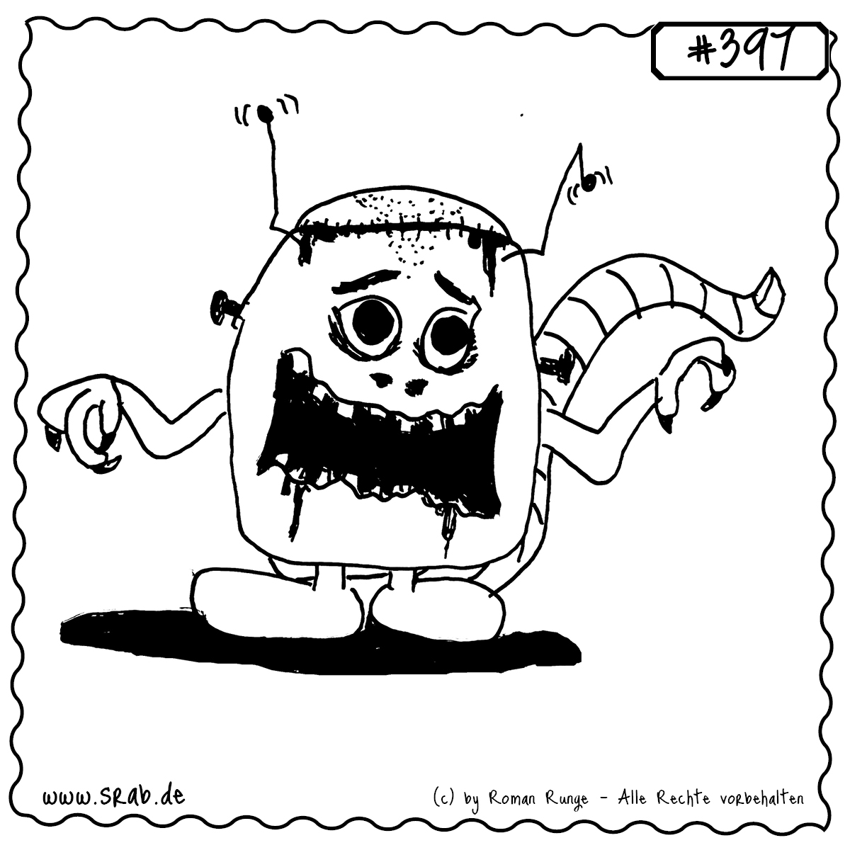 Der Srab zeigt sich im Frankenstein-Look – mit flacher Schädelplatte, Schrauben an den Seiten und gruseligem Blick. Eine schaurig-lustige Interpretation klassischer Filmmonster im Srab-Stil. Perfekt für Halloween und Gruselfans.