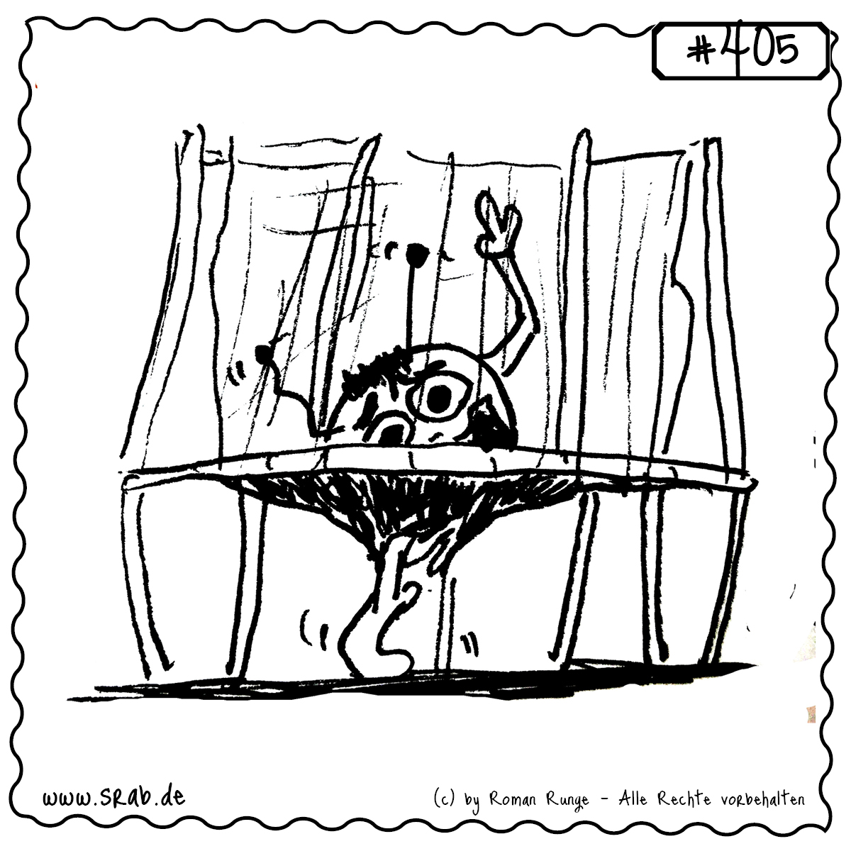 Srab #405 – Trampolin Fail Unfall Durchbruch Chaos 1 Dieser Srab steckt kopfüber in einem zerrissenen Trampolin, zeigt aber trotzdem das Peace-Zeichen. Ein sportliches Desaster mit Humor und Haltung.