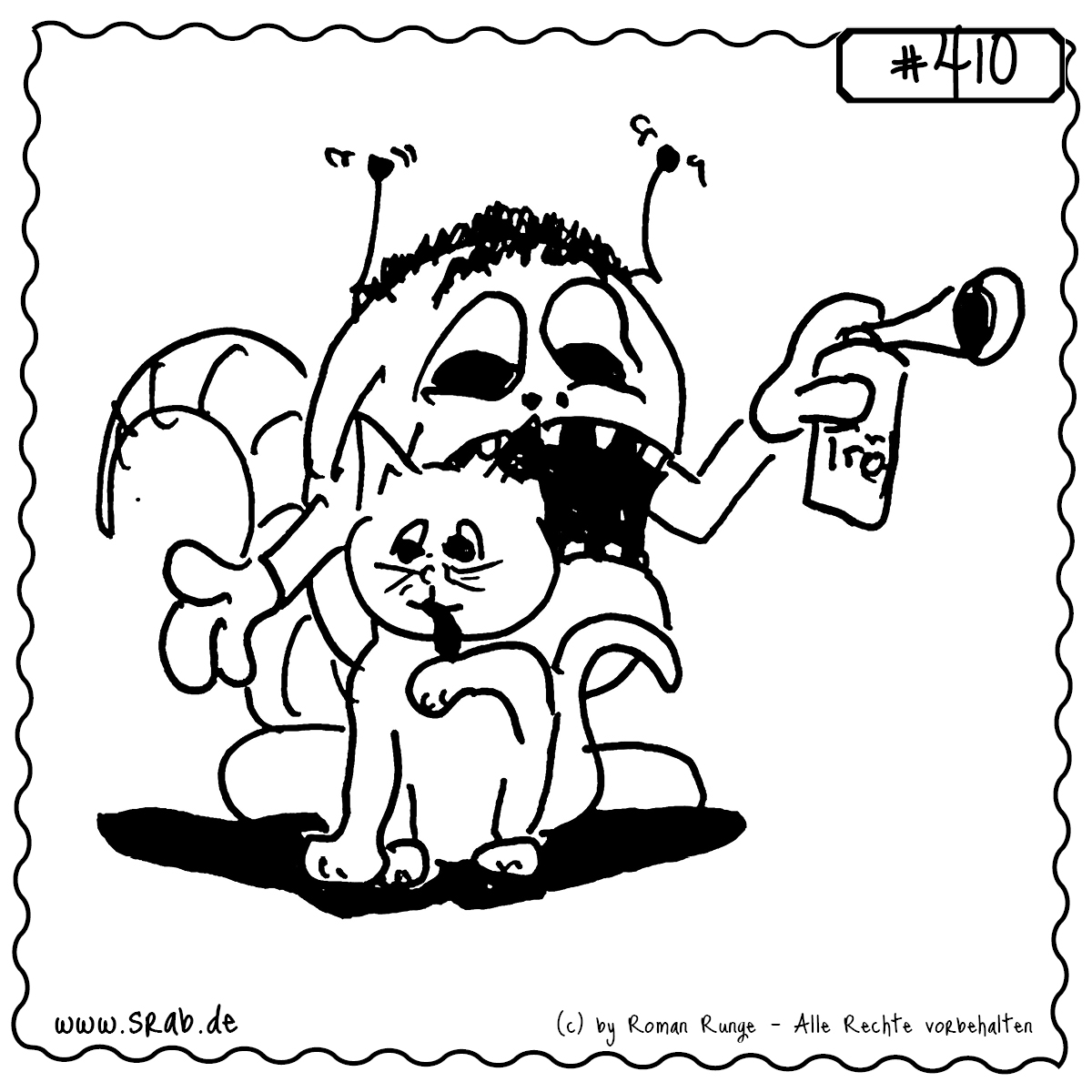 Dieser Srab hält eine Tröte in der Hand und grinst frech – vor ihm sitzt eine ahnungslose Katze. Eine Szene kurz vor dem Krach: frech, tierisch und typisch Srab.