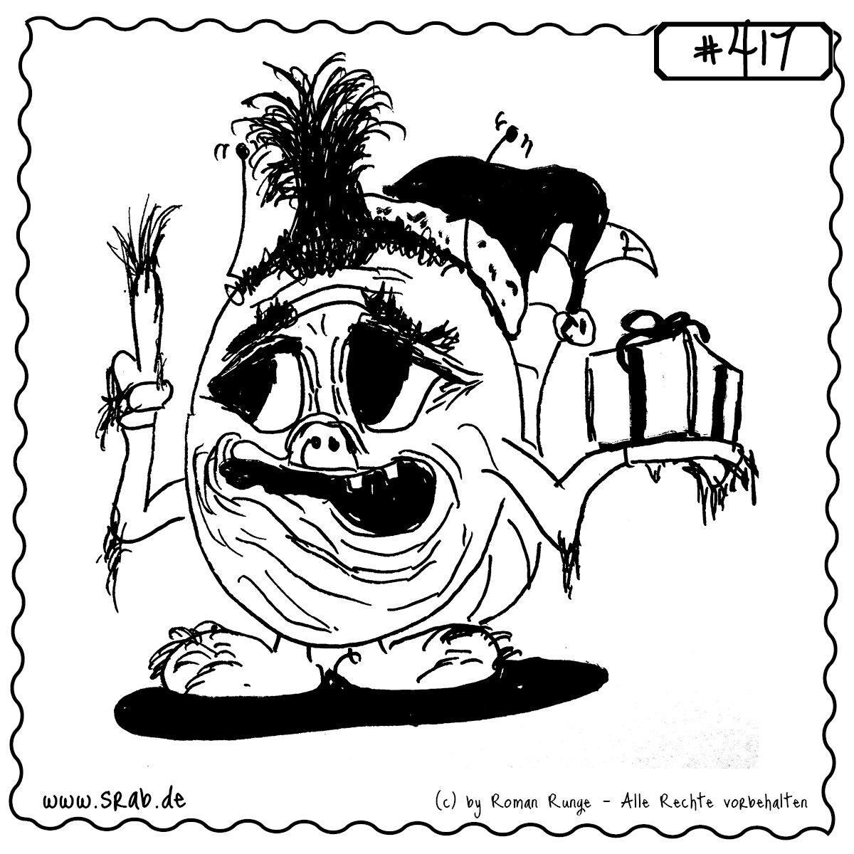 Srab #417 – Weihnachten Grinch Muede Genervt Karotte Geschenk 1 Dieser Srab erinnert optisch stark an den berühmten Weihnachtsmuffel – mit zerzauster Frisur, Stirnfalten, Karotte und Geschenk in der Hand. Ein kritischer Blick auf X-Mas mit einem Augenzwinkern.