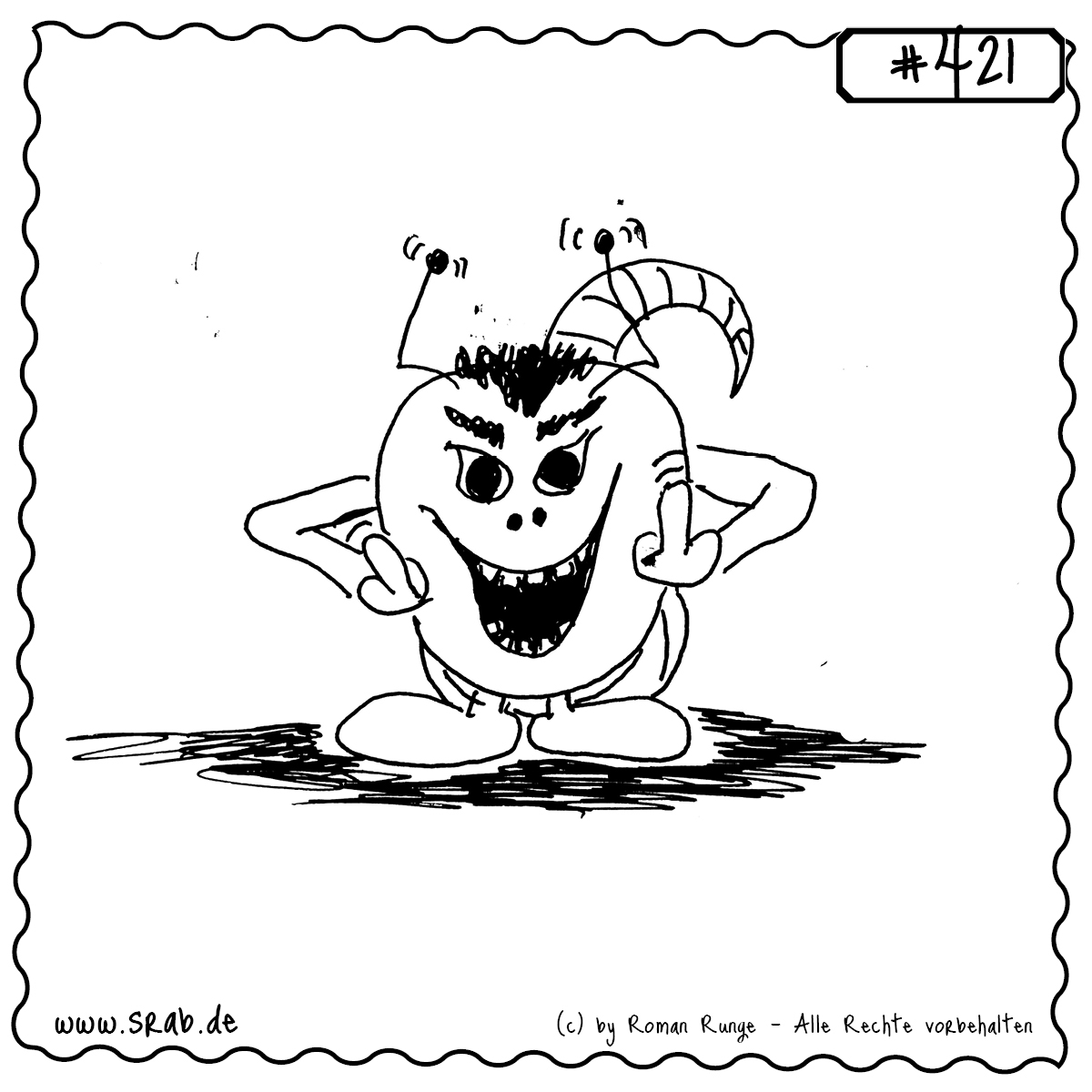 Srab #421 – Stinkefinger Alien Provoziert 1 Dieser Srab grinst frech und zeigt demonstrativ beide Mittelfinger. Ein rebellisches Motiv voller Provokation – perfekt für alle, denen Konformität zu langweilig ist.