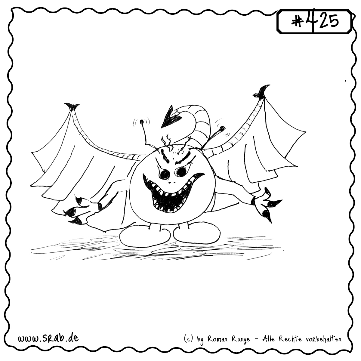 Srab #425 – Teuflischer Srab Mit Fluegeln Und Krallen 1 Dieser Srab zeigt sich von seiner dämonischen Seite: mit scharfen Krallen, fledermausartigen Flügeln und einem höllischen Grinsen. Ein finsteres Alien für alle, die das Böse charmant finden.