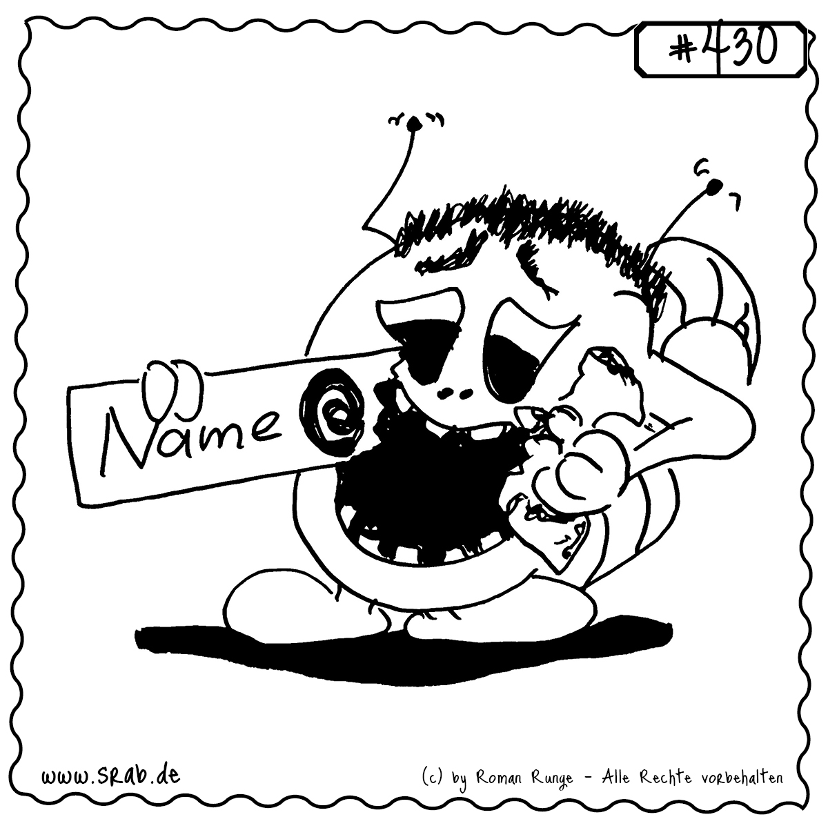Srab #430 – Beisst In Name Und Atzeichen 1 Dieser Srab knabbert genüsslich am „@“-Zeichen seiner E-Mail-Adresse. Ein humorvolles Motiv für alle, die täglich mit Namen, Mail und Netzwerken jonglieren.