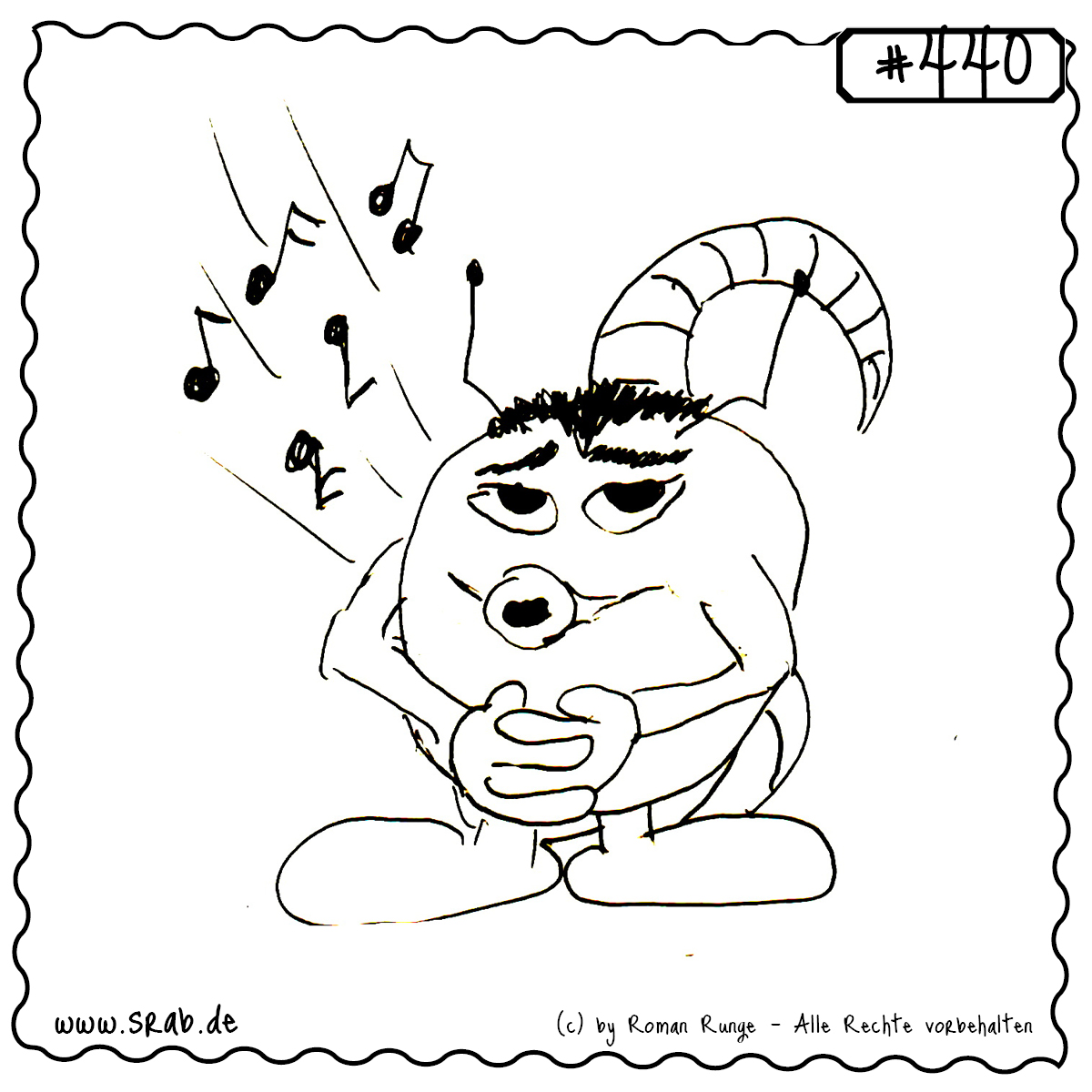 Srab #440 – Pfeift Unscheinbar Mit Musiknoten 1 Dieser Srab steht mit verschränkten Händen und pfeift scheinbar unbeteiligt eine Melodie. Ein charmanter Mix aus Unschuldsmiene und musikalischem Talent – ideal für alle, die „nichts gesehen“ haben.