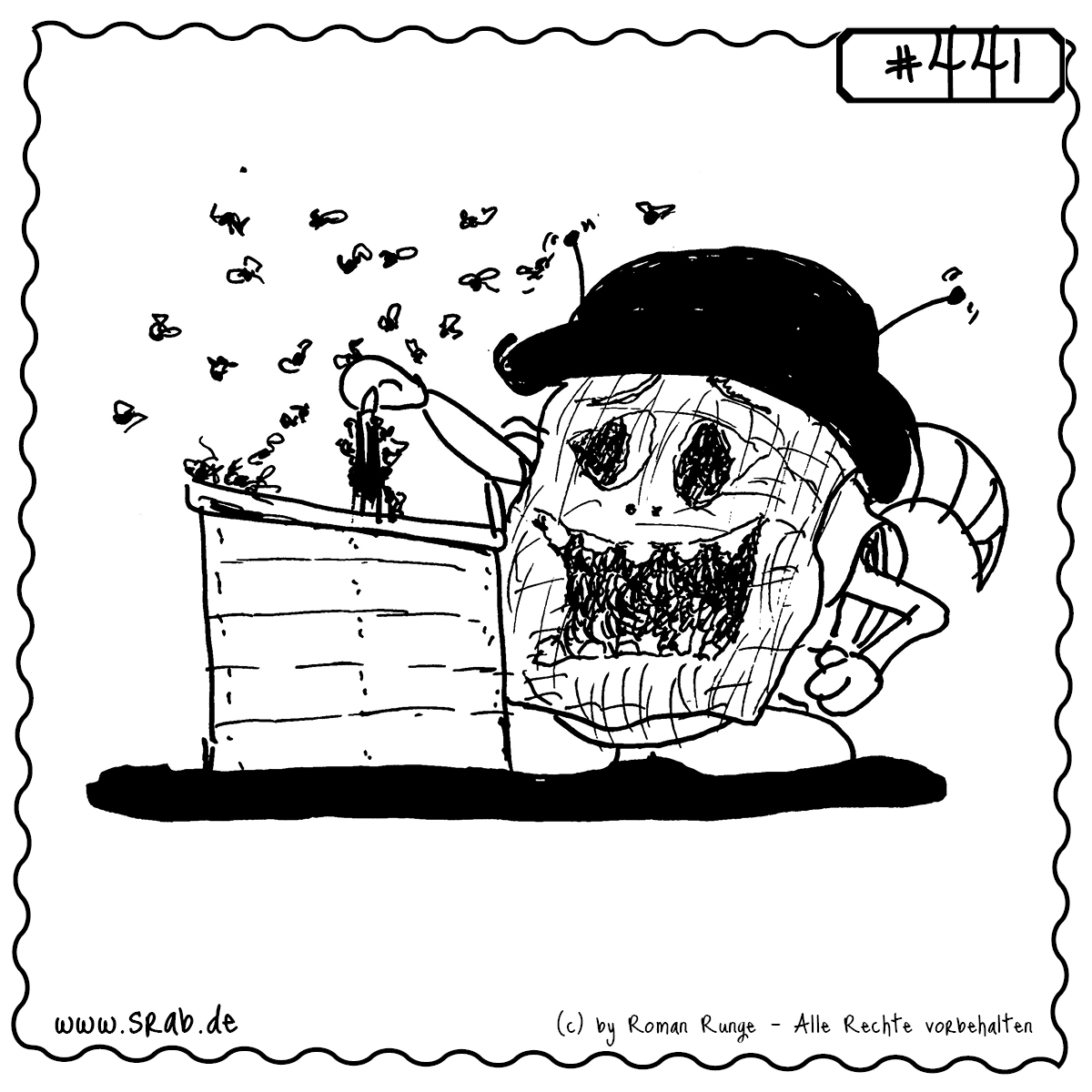 Srab #441 – Imker Mit Bienenstock Und Schutznetz 1 Dieser Srab steht als Imker vor seinem Bienenstock – ausgestattet mit Hut, Netz und Bienenfreunden. Ein liebevolles Motiv für Naturfreunde, Honigliebhaber und alle, die gern summende Gesellschaft mögen.