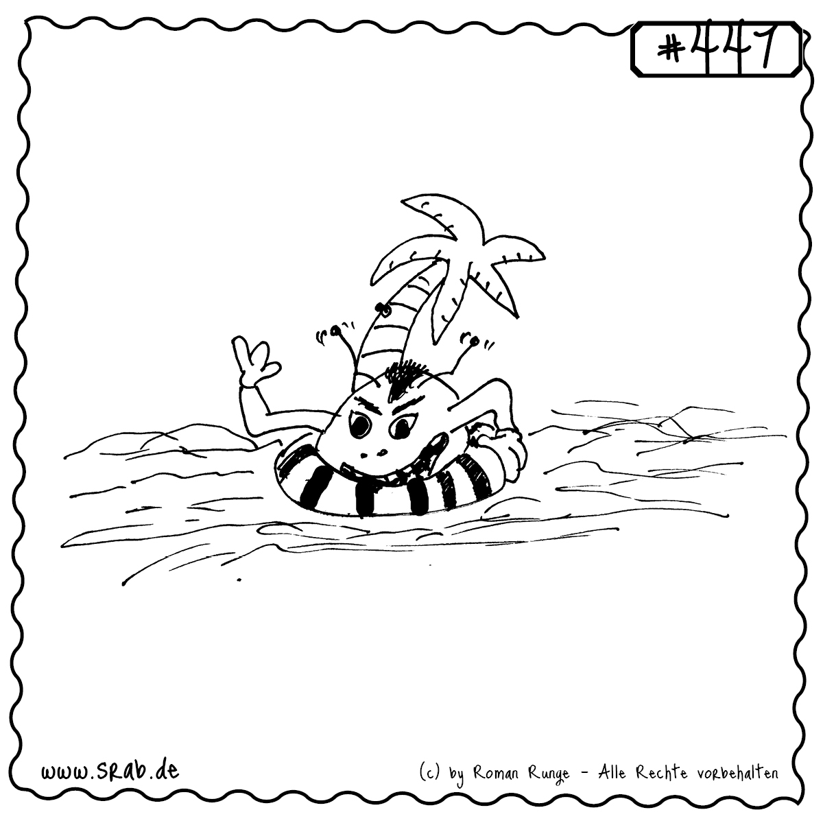 Srab #447 – Urlaub Badeinsel Palme Meer Sommerferien 1 Srab genießt den Sommerurlaub auf einer aufblasbaren Badeinsel mit Palmen-Deko. Umgeben von Wasser und mit einem Victory-Zeichen grüßt er entspannt aus den Ferien. Perfektes Motiv für Sommergrüße oder Urlaubsartikel.