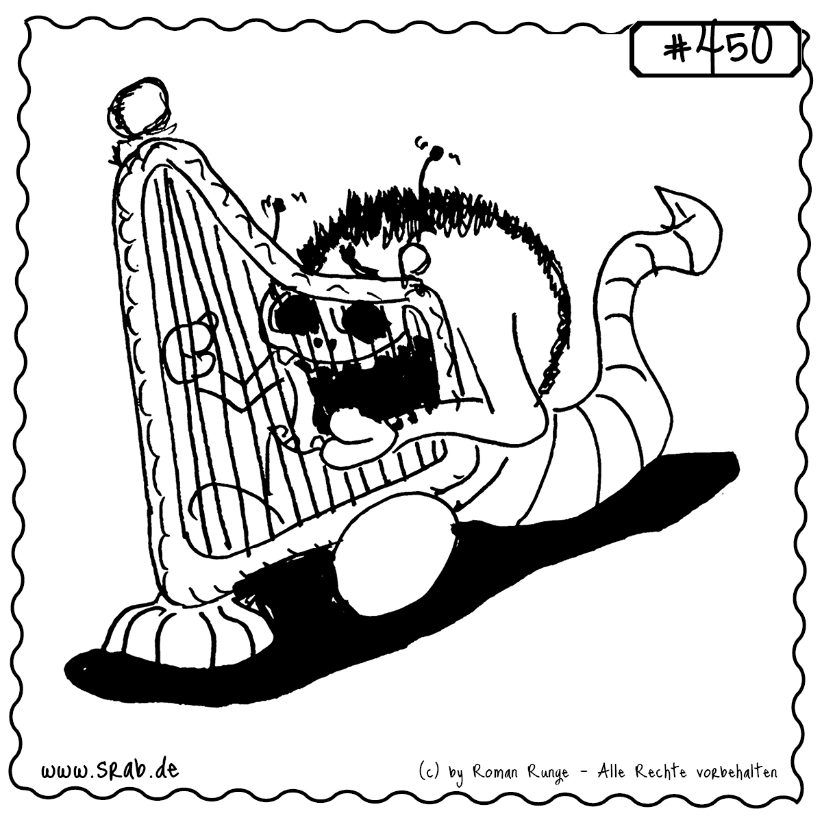 Srab #450 – Harfe Musik Zupfen Instrument 1 Ein Srab spielt mit vollem Körpereinsatz eine große Harfe. Die Szene ist charmant überzeichnet und verbindet musikalische Leidenschaft mit comicartigem Humor – perfekt für Musikliebhaber oder als Motiv rund ums Musizieren.