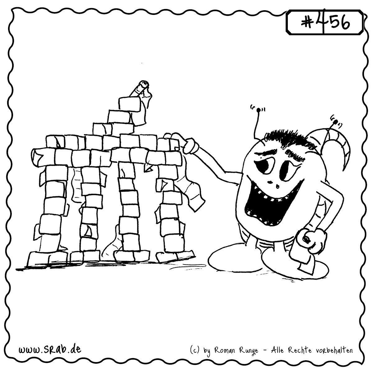 Srab #456 – Klopapier Berlin Brandenburger Tor Lockdown 1 Kreative Baukunst trifft Lockdown-Humor: Ein Srab präsentiert stolz das Brandenburger Tor aus Toilettenpapierrollen. Ein Motiv mit Anspielung auf Corona-Zeit, Hamsterkäufe und DIY-Projekte.