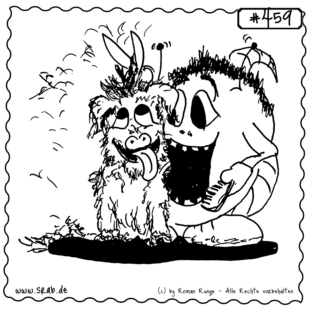 Srab frisiert einen fröhlichen, zotteligen Hund mit einem Kamm. Das Motiv zeigt einen liebevollen Moment voller Humor und tierischer Freundschaft. Ideal für Tierfreunde, Friseursalons mit Humor oder Geschenkideen für Haustierbesitzer.