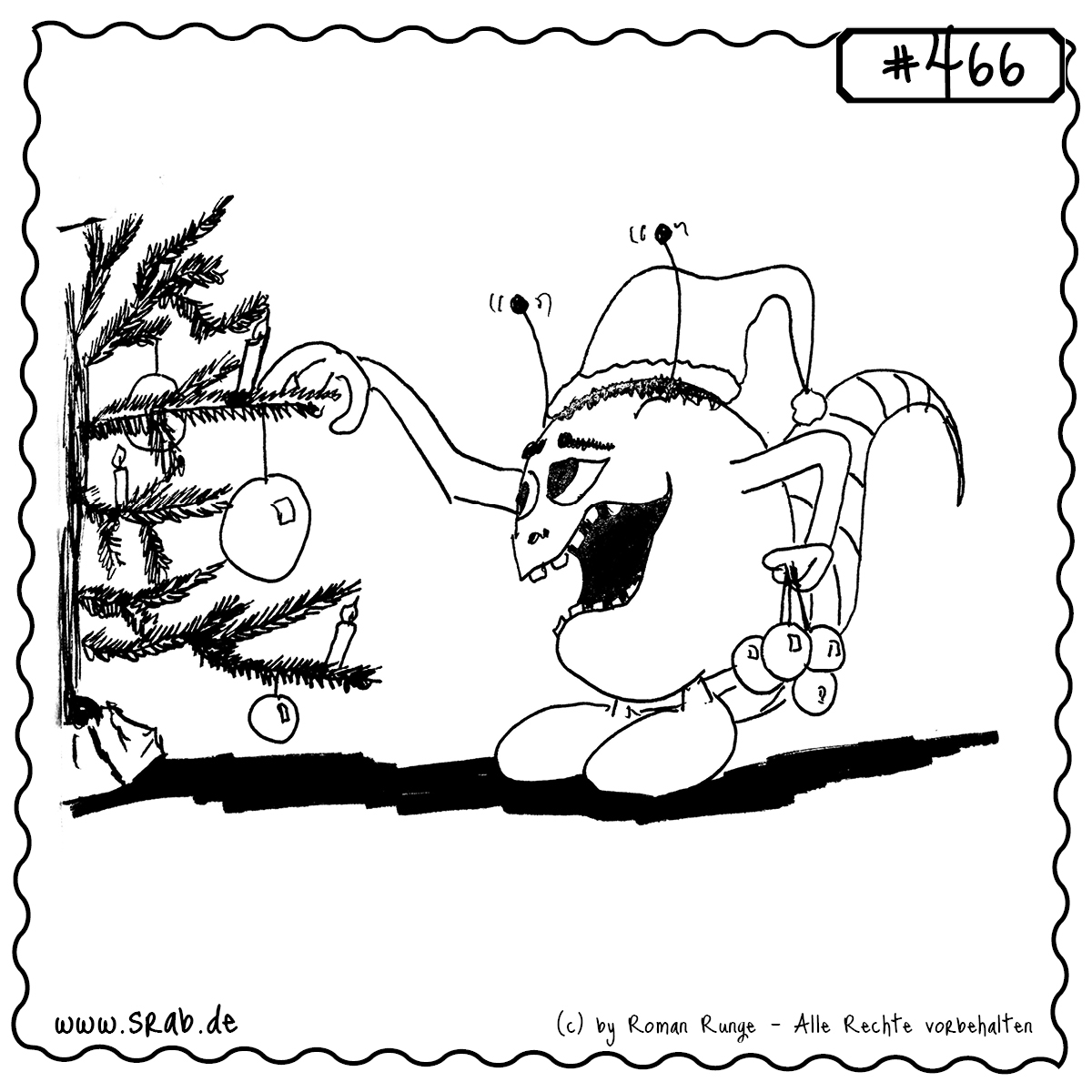 Dieser Srab schmückt voller Freude einen Weihnachtsbaum mit Kugeln und echten Kerzen. Mit Mütze und Antennen im Feiermodus verbreitet er festliche Stimmung – mit einem Hauch Chaos.