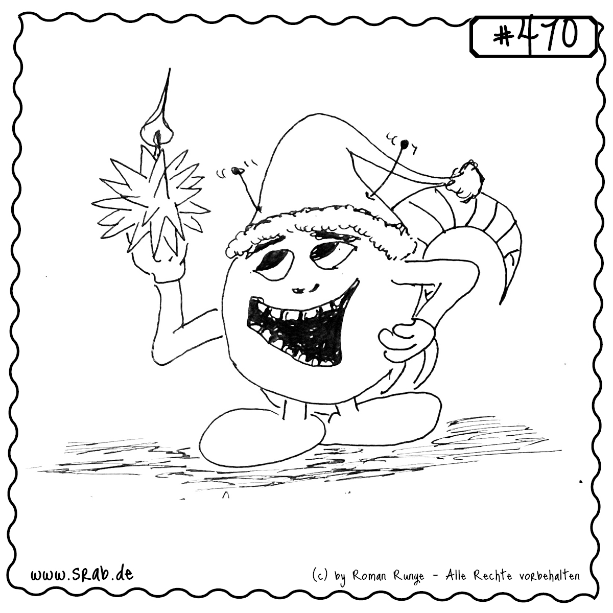 Srab #470 – Weihnachten Advent Stern Kerze Muetze 1 Ein fröhlicher Srab mit Weihnachtsmütze hält eine leuchtende Kerze in Form eines Weihnachtssterns in der Hand. Er verbreitet festliche Adventsstimmung mit einem breiten Grinsen.