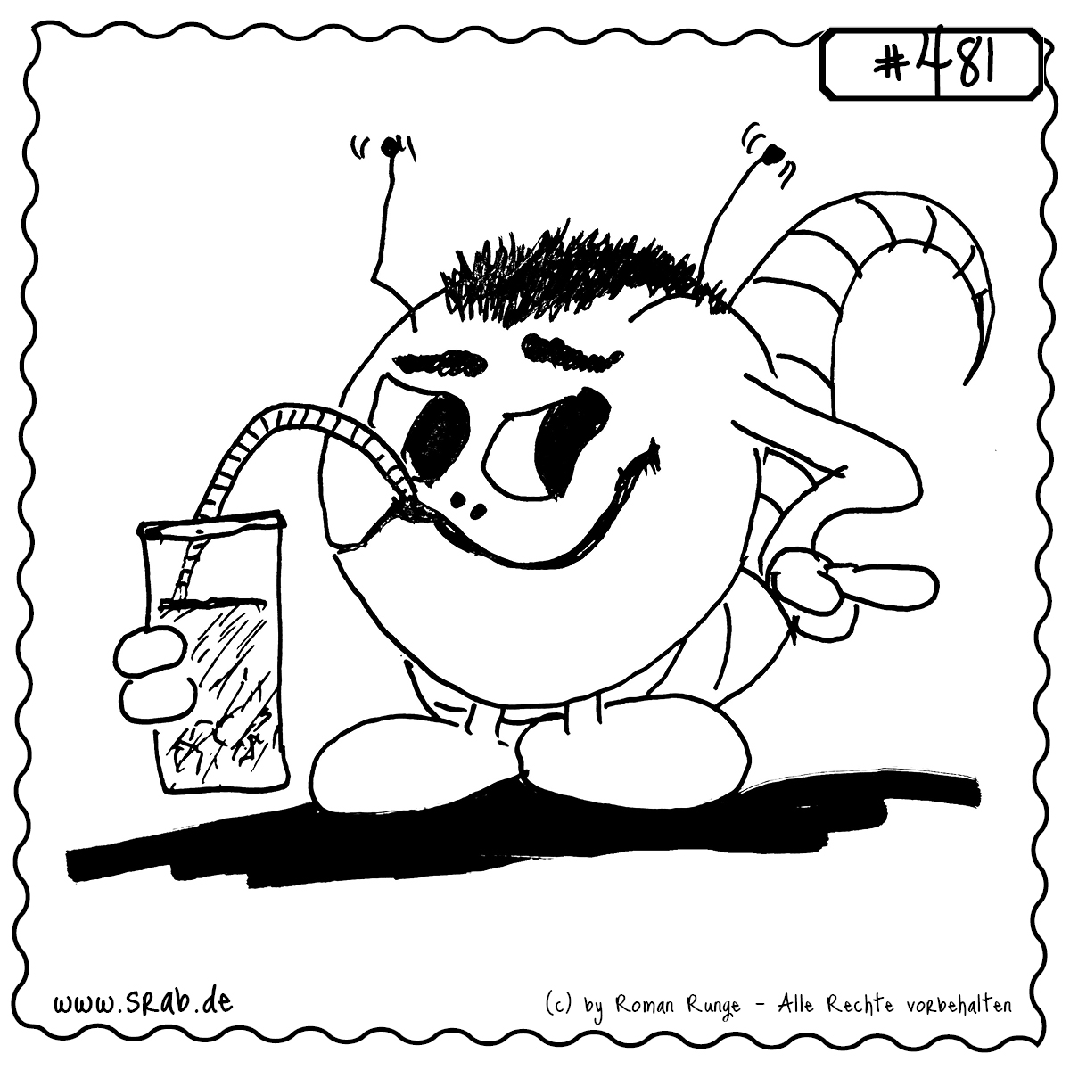 Srab #481 – Limo Strohhalm Cooler Genuss Mit Stil 1 Dieser Srab genießt seinen Softdrink mit lässigem Blick und cooler Pose. Der gebogene Strohhalm, die hochgezogene Braue und der Fingerzeig machen ihn zum Erfrischungs-Profi mit Attitüde. Ideal für Motive rund um Entspannung, Genuss oder „du hast Geschmack“.