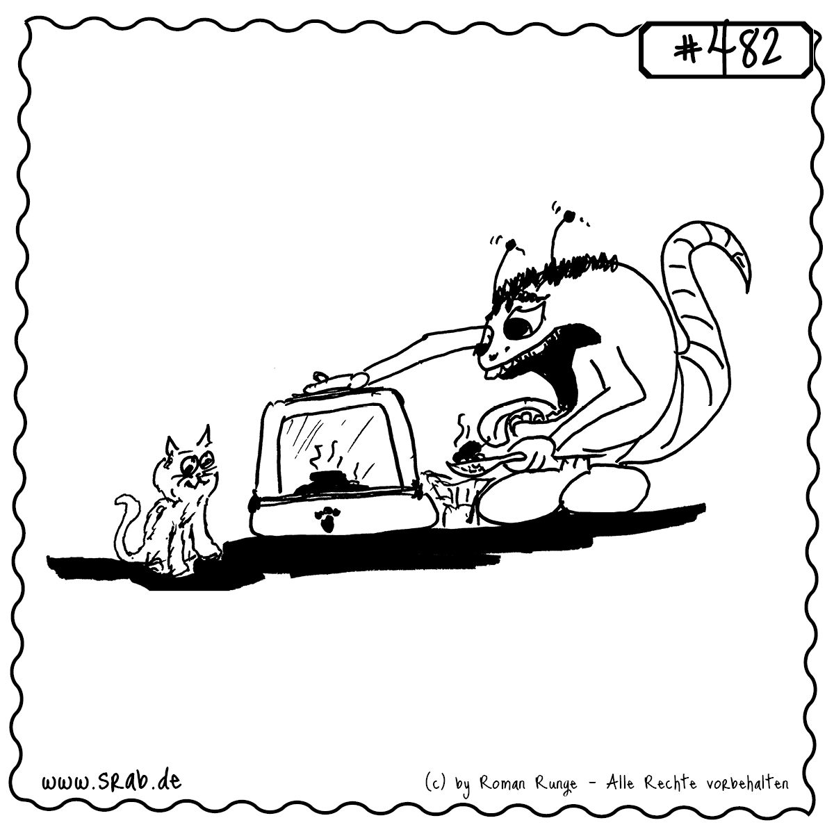 Srab #482 – Katzenklo Saubermachen Ekel Haustierpflicht 1 Ein Srab säubert mit sichtbarem Widerwillen das Katzenklo und hält eine kleine Schaufel mit Inhalt über den Napf. Die daneben sitzende Katze schaut zufrieden – oder amüsiert. Alltagsdrama im Alien-Haushalt.