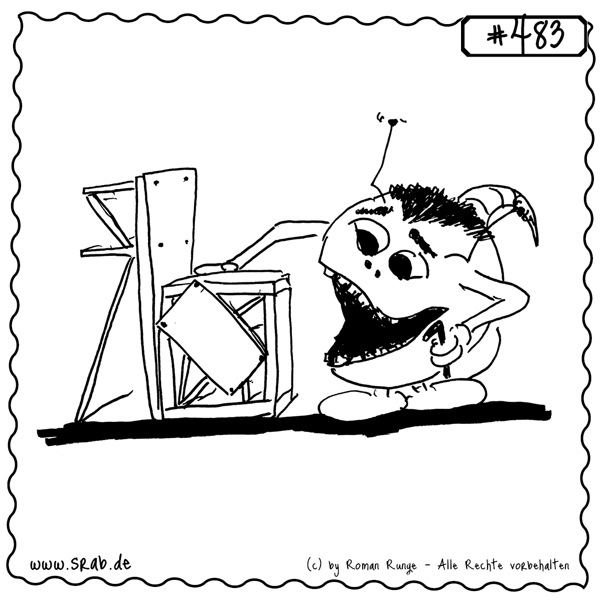 Srab #483 – Ikea Regal Chaos Handwerk Fail 1 Dieser Srab versucht, ein IKEA-Regal zusammenzubauen – mit mäßigem Erfolg. Die Bretter sind kreuz und quer verschraubt, die Anleitung offensichtlich ignoriert, aber der Srab freut sich trotzdem wie ein König der Konstruktion.