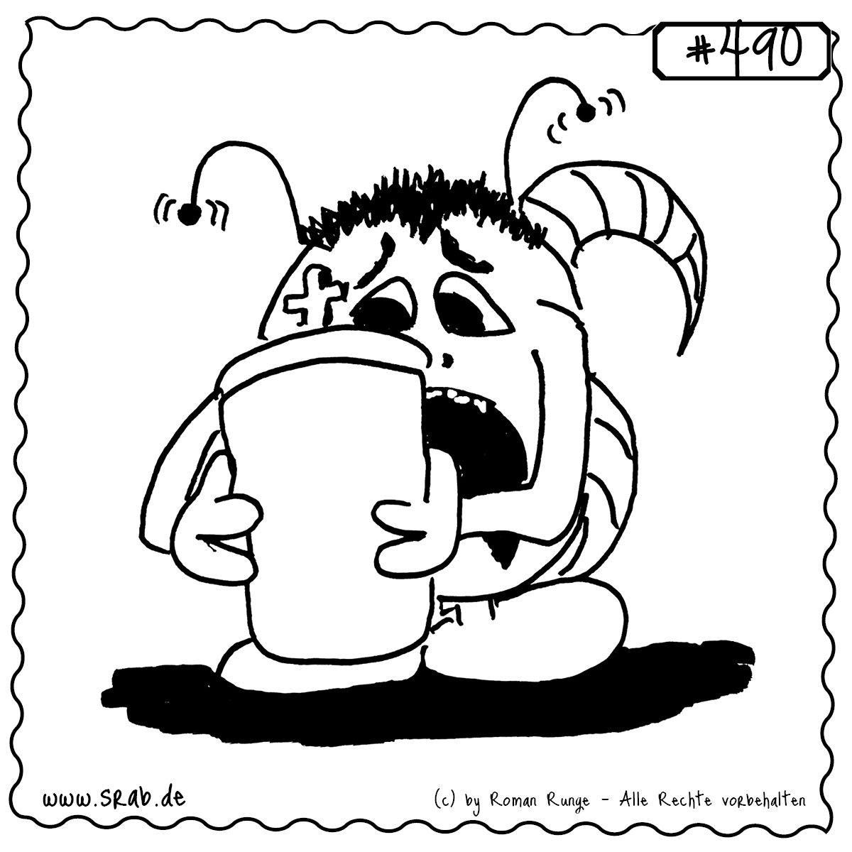 Srab #490 – Trauer Urne Verlust Abschied Alien 1 Ein Srab hält mit verweinten Augen eine Urne fest in den Händen. Seine Trauer ist deutlich sichtbar: zusammengekniffene Augen, Träne auf der Wange, ein Pflaster über dem Auge – der Schmerz sitzt tief.