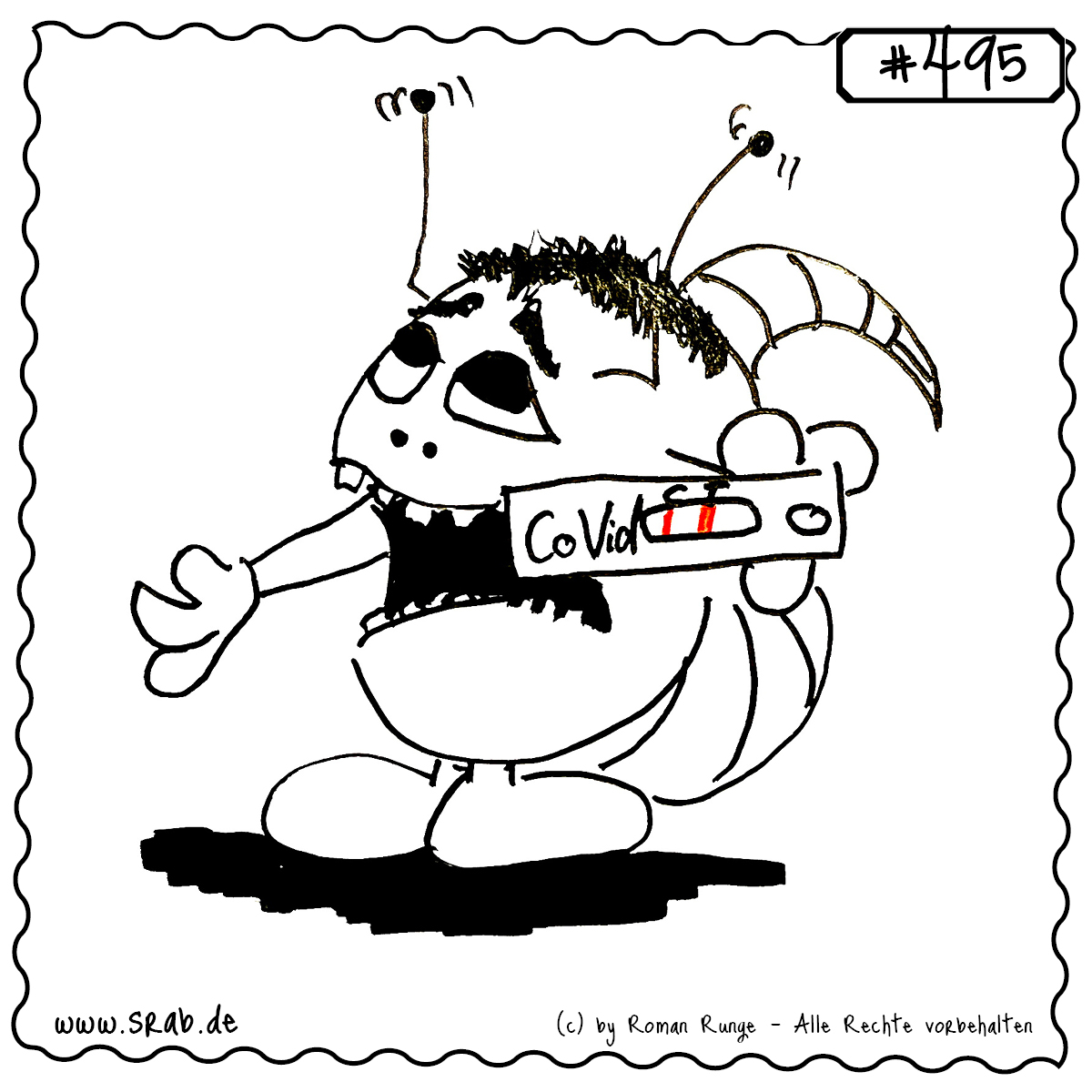 Srab #495 – Corona Test Positiv Pandemie Virus 1 Dieser Srab hält ein Corona-Schnelltestgerät mit zwei dicken roten Linien – eindeutig positiv. Sein Gesichtsausdruck spricht Bände: Resignation, Entsetzen oder einfach nur ein „Nicht schon wieder!“. Ideal für Pandemie-Humor oder Gesundheitskommunikation mit Augenzwinkern.