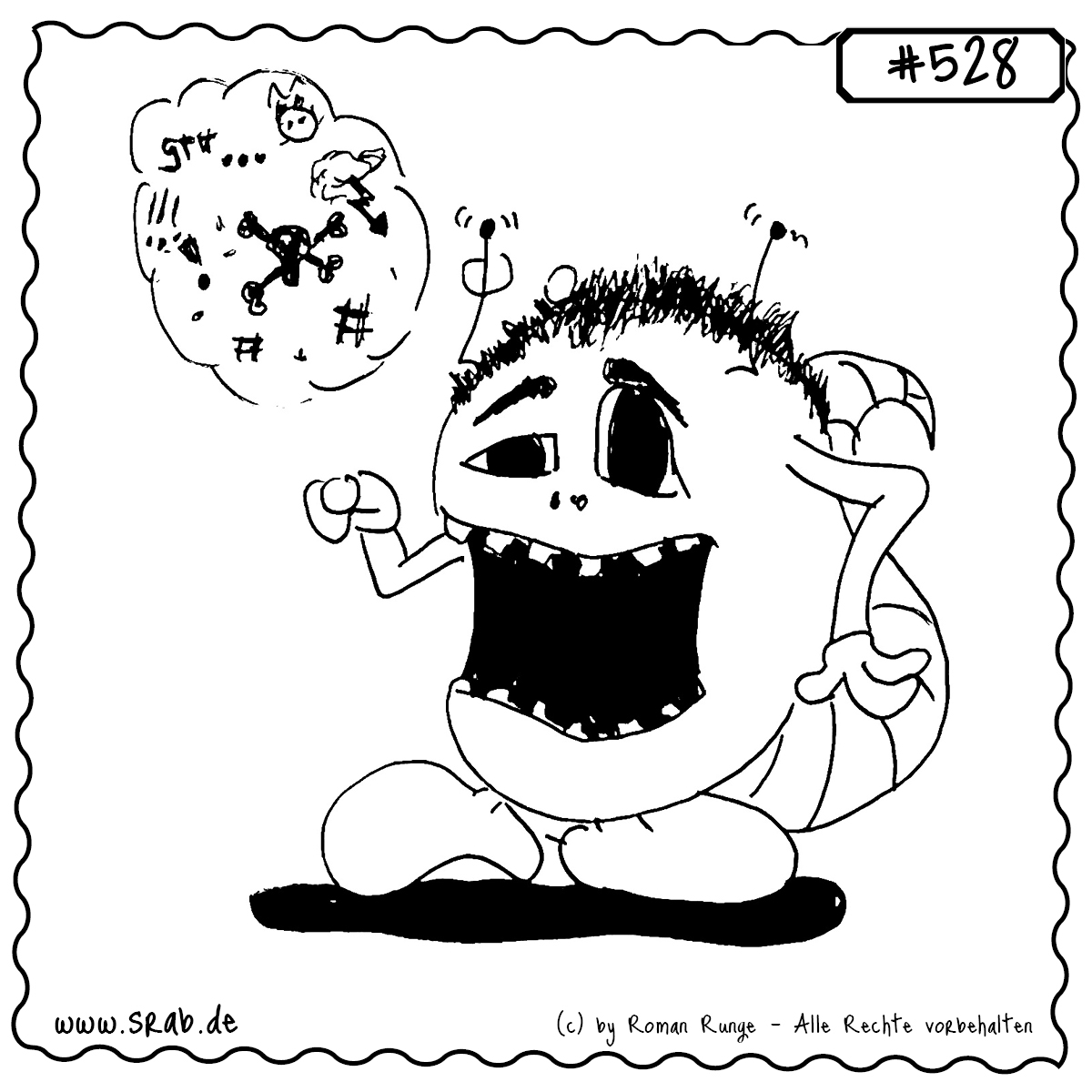 Srab #528 – Wuetend Ärger Streit Schimpfen Emotion 1 Dieser Srab platzt vor Wut: Mit geballter Faust, aufgerissener Schnute und einer Gedankenwolke voller wilder Flüche, Totenköpfe und Ausrufezeichen lässt er seinem Ärger freien Lauf. Perfekt für emotionale Themen, Alltagsfrust, Streit oder situationsbezogene Memes.