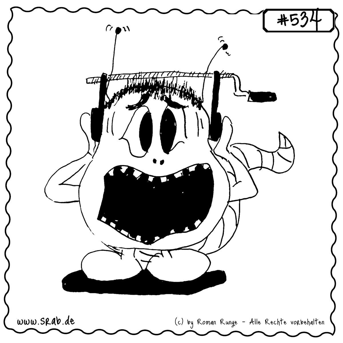 Dieser Srab hat den sprichwörtlichen Druck im Kopf – eingeklemmt in einer riesigen Schraubzwinge. Eine bildhafte Darstellung von Stress, Überforderung oder Spannungsschmerzen, die jeder kennt.