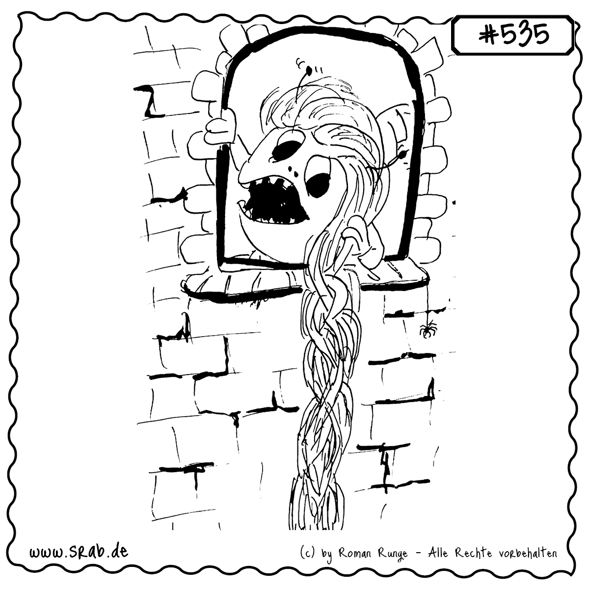 Dieser Srab spielt märchenhaft Rapunzel: Mit einem endlosen Zopf ruft er aus dem Turmfenster. Eine humorvolle Hommage an das klassische Märchen – ideal für Fantasie-, Märchen- und Kinder-Motive.