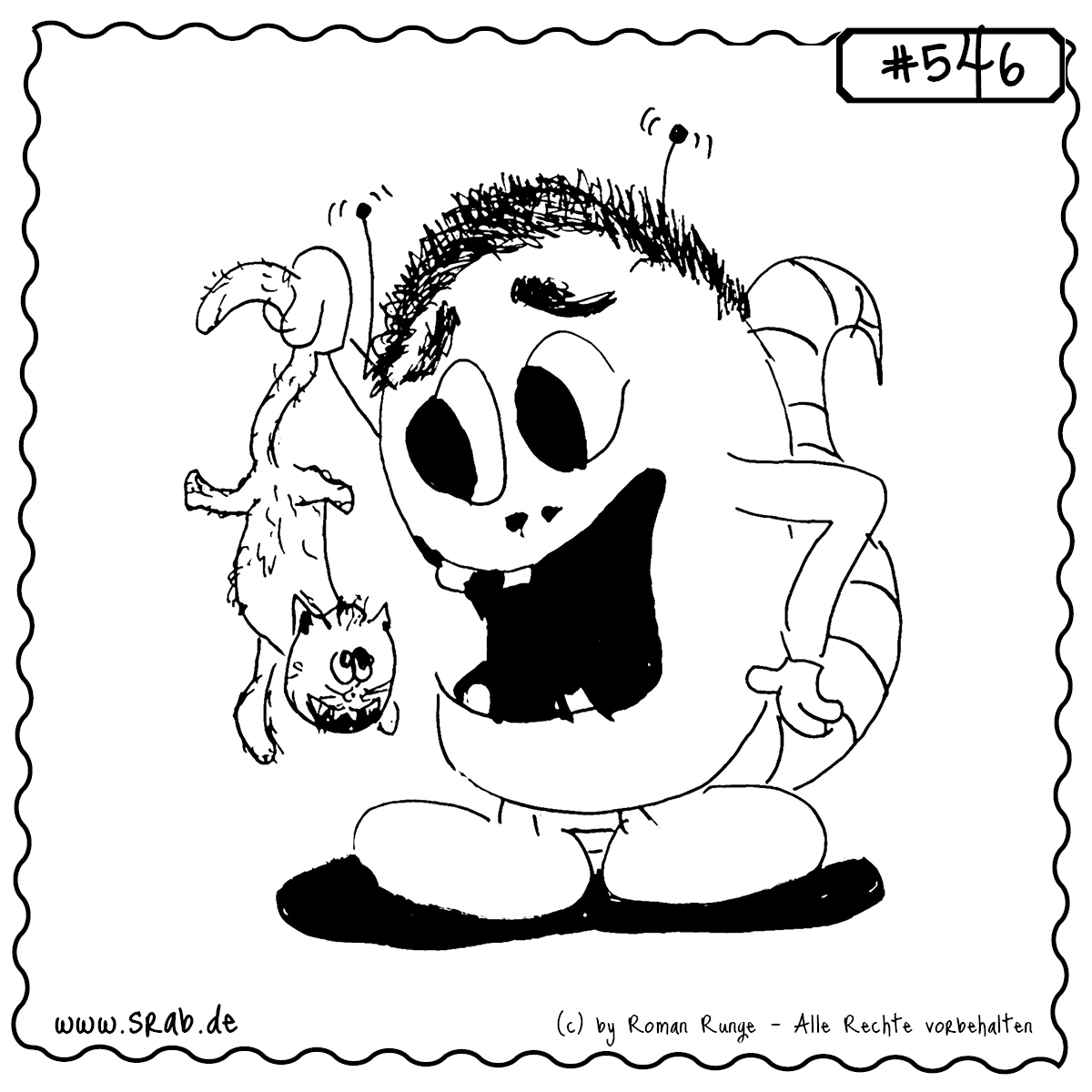 Ein Srab mit großem Appetit hält eine erschrockene Katze am Schwanz kopfüber – eine klare Anspielung auf ALF und seinen bekannten Hunger auf Katzen. Schräge Hommage für Filmfans und 80er-Nostalgiker.