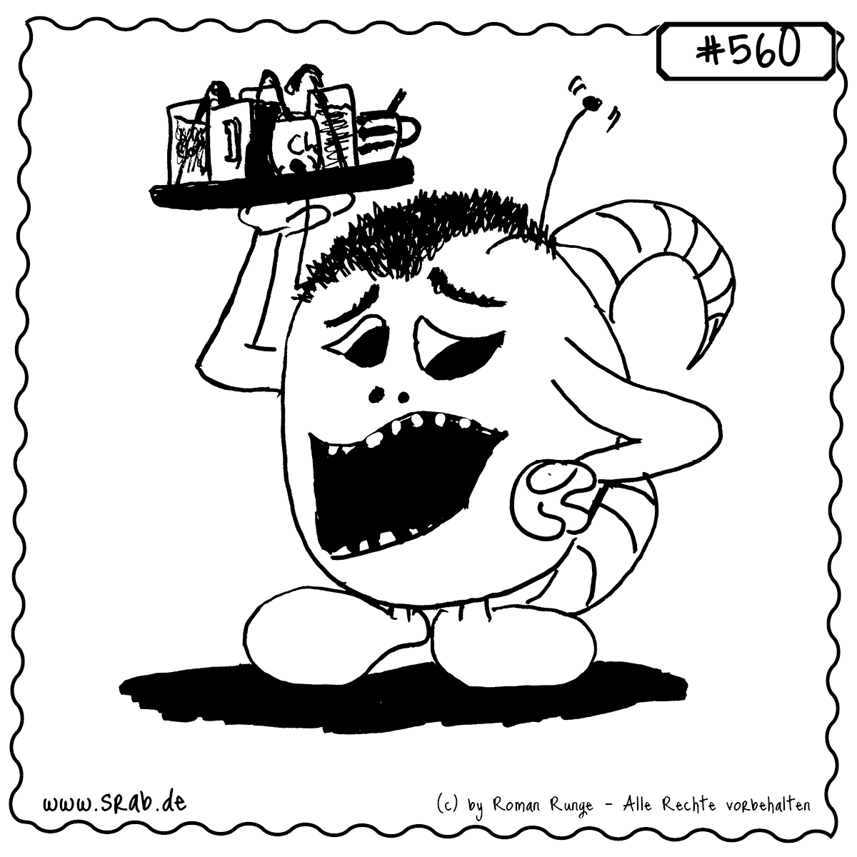 Srab #560 – Bar Cafe Ober Mit Getraenken Und Service 1 Als galaktischer Kellner jongliert dieser Srab ein volles Tablett – bereit für Bar, Café oder die nächste interstellare Party. Ideal für Gastro-Fans und Berufsmotive mit Augenzwinkern.