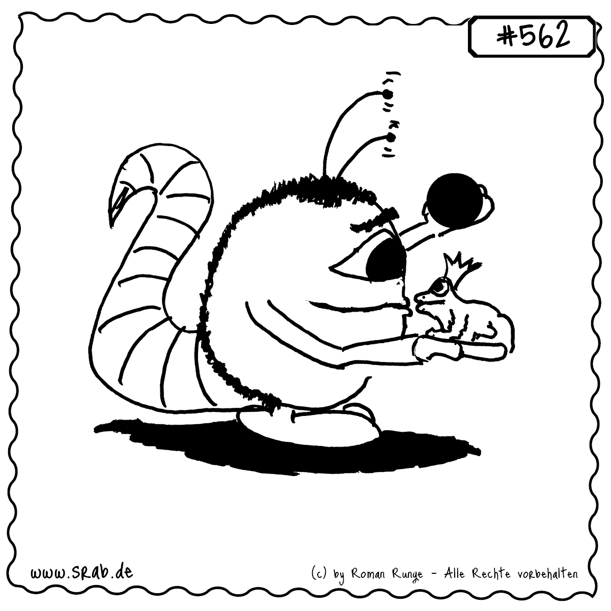 Dieser Srab trifft auf den Froschkönig – mit Krone, Ball und einer Prise Skepsis. Eine märchenhafte Szene im Alien-Stil, perfekt für Fans von Geschichten, Symbolik und klassischer Grimm-Romantik.