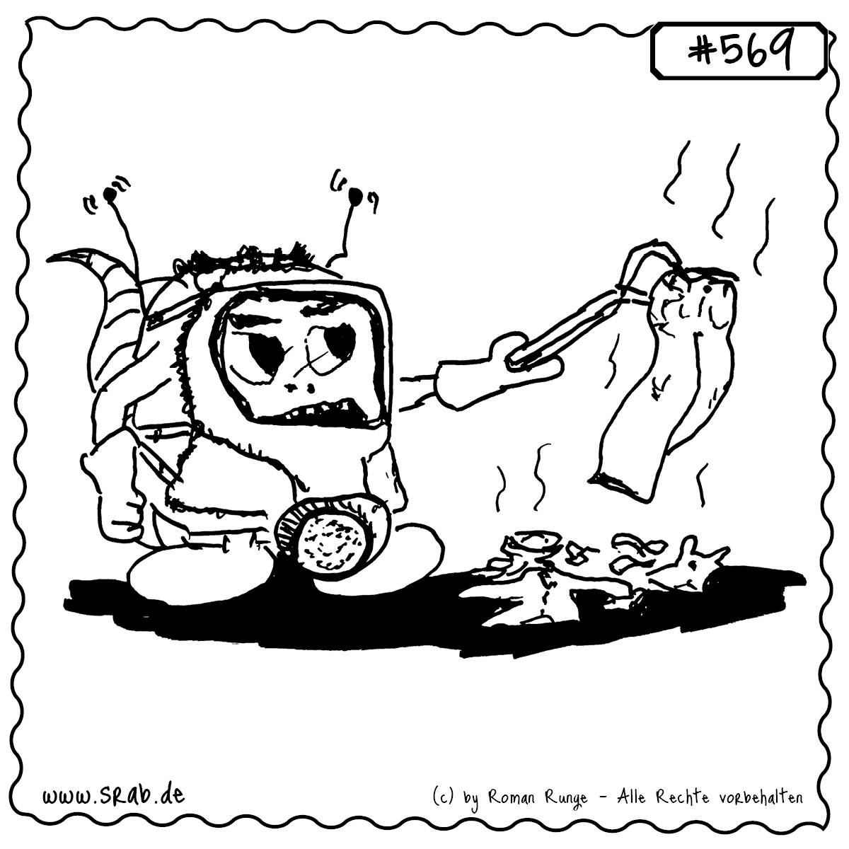 Srab #569 – Waesche Gestank Mit Zange Und Gasmaske 1 Dieser Srab kämpft heldenhaft gegen übel riechende Wäsche – bewaffnet mit Gasmaske, Zange und äußerster Willenskraft. Ein humorvolles Motiv über Alltagsheldentum im Wäschekeller.