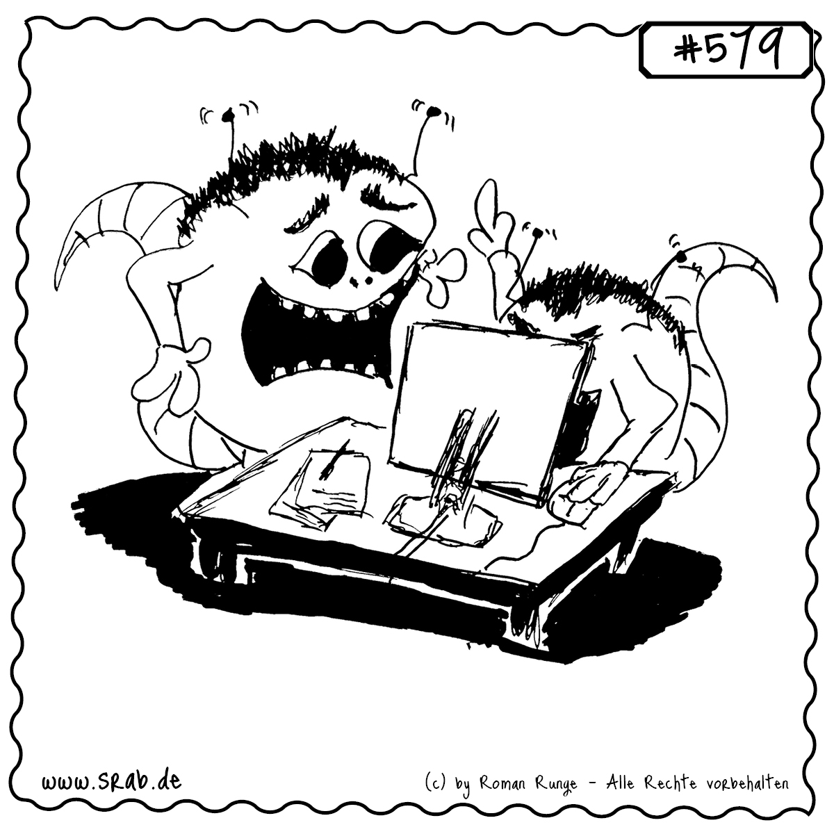Srab #579 – Schreibtisch Chaos Am Computer Im Buero 1 Zwei Srabs am Schreibtisch: Einer kämpft mit dem Computer, der andere ringt mit den Nerven. Ideal für Motive rund um Lehreralltag, IT-Frust, Schulbüro oder digitales Chaos.