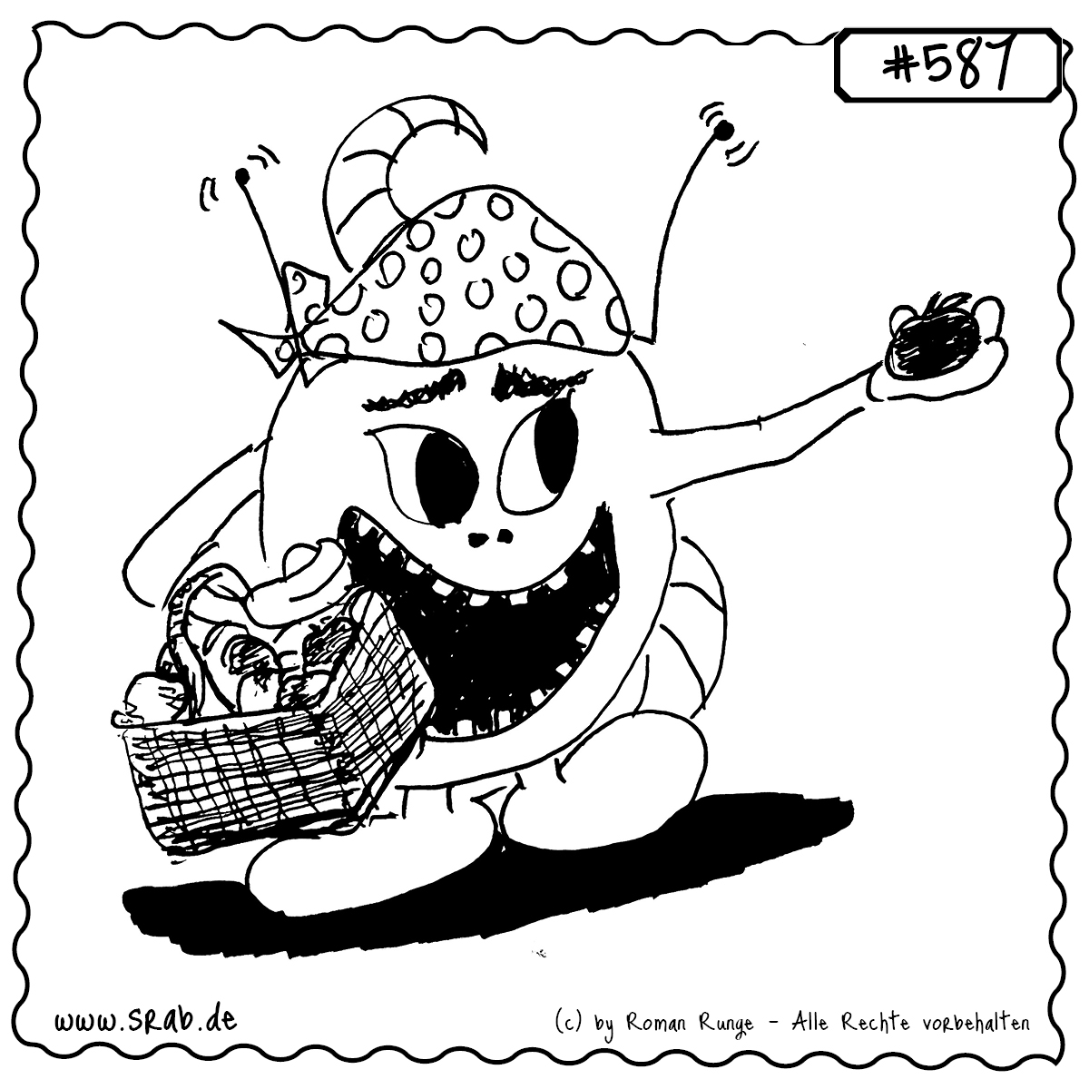 Srab #587 – Obstkorb Apfel Ernte Geschenk 1 Ein fröhlicher Srab mit gepunktetem Kopftuch hält stolz einen Apfel in die Höhe. In der anderen Hand trägt er einen vollgepackten Obstkorb. Ein liebevolles Motiv rund um Ernte, Märchen oder kleine Aufmerksamkeiten.