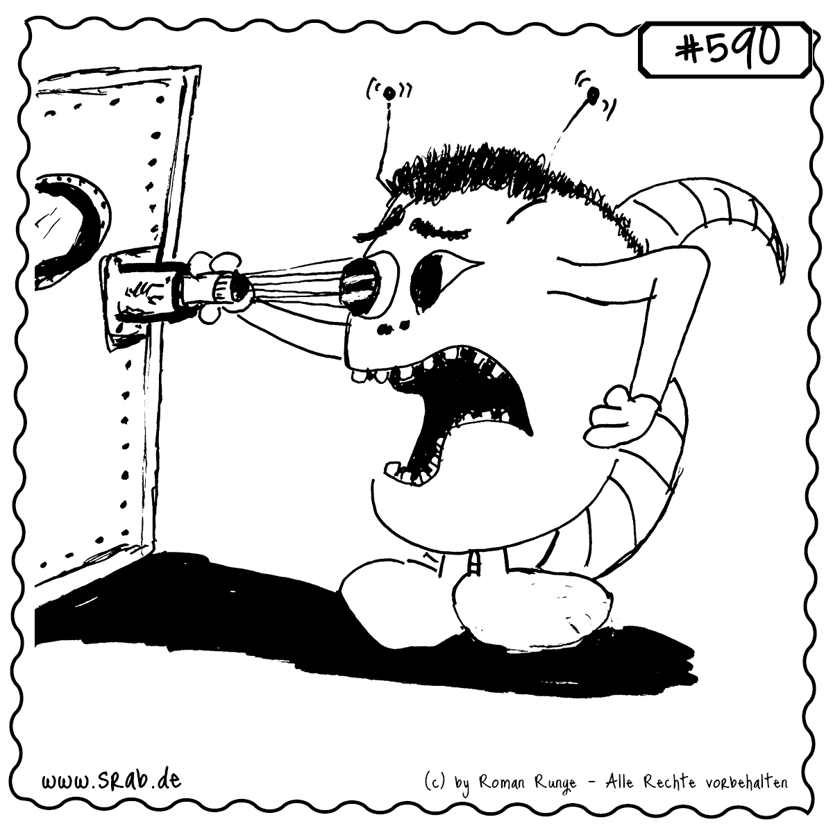 Srab #590 – Augenscanner Zugang Sicherheit Tuer 1 Dieser Srab steht vor einer Hightech-Tür mit Augenscanner – und scheint nicht ganz sicher, ob der Scan sein Auge gleich erkennt oder röstet. Moderne Sicherheit trifft Alien-Skepsis.