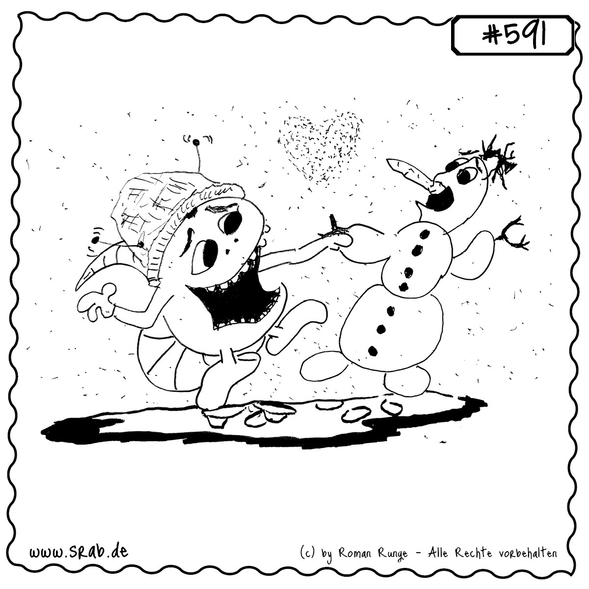 Srab #591 – Tanzen Schneemann Winter Freude Liebe 1 Ein fröhlicher Srab tanzt ausgelassen mit einem Schneemann durch den Winter. Ein Herz aus Schneeflocken schwebt über ihnen – perfekte Alien-Romantik in der kalten Jahreszeit.