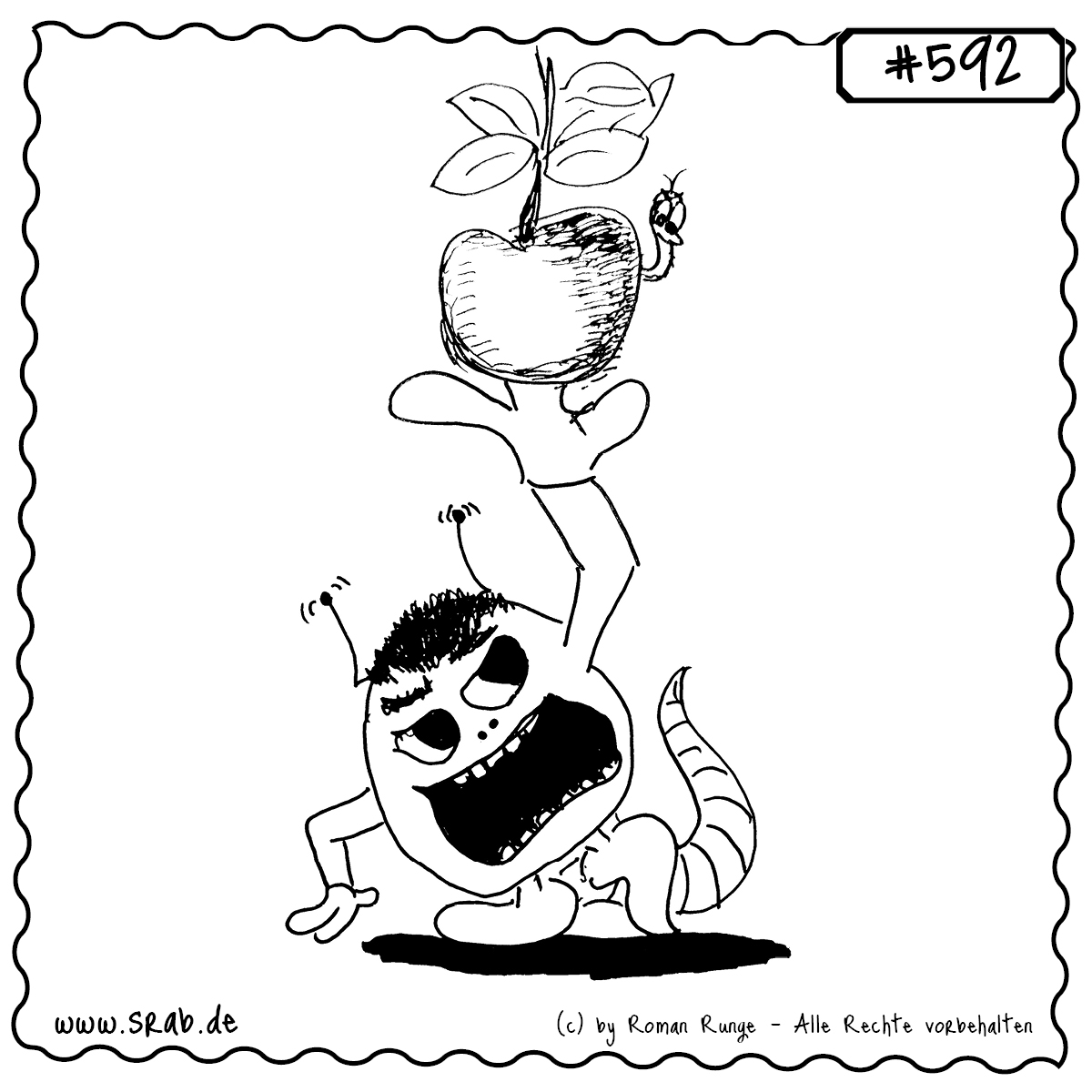 Dieser Srab balanciert stolz einen großen Apfel auf der Hand – mit Wurm inklusive! Eine charmante Anspielung auf Versuchung, Natur und vielleicht sogar das Paradies.