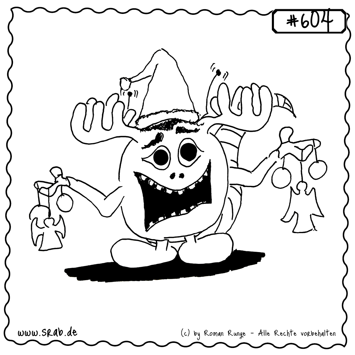 Srab #604 – Weihnachten Geweih Rentier Engel Deko Feier 1 Dieser Srab ist bereit für die galaktische Weihnachtsfeier! Mit Rentiergeweih, Wichtelmütze und festlichem Baumschmuck in den Händen verkörpert er chaotische Vorfreude und außerirdischen Deko-Enthusiasmus.