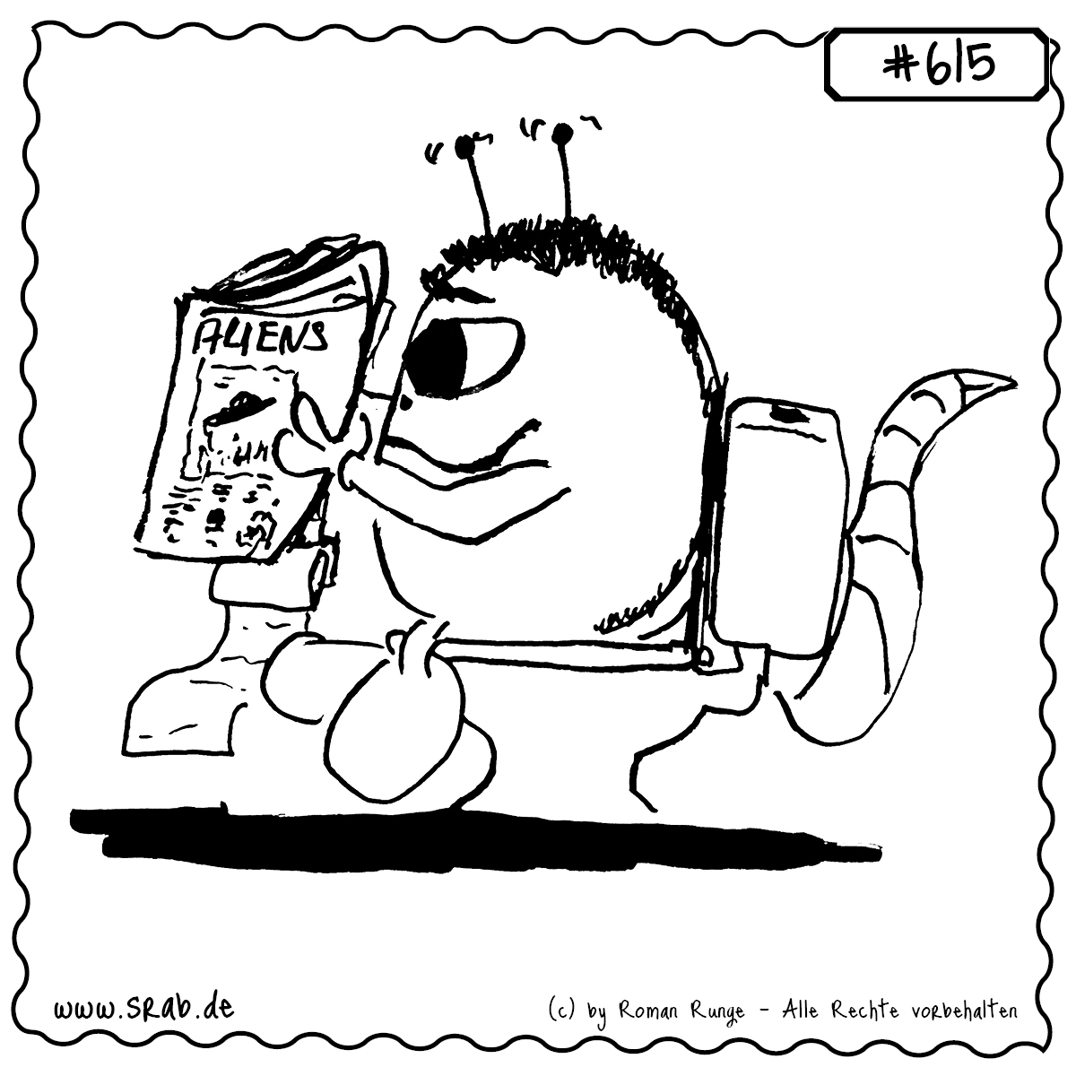 Srab #615 – Toilette Zeitung Klo Lesen Aliens Klatschblatt 1 Dieser Srab gönnt sich eine Pause – auf der Toilette mit Zeitung in der Hand. Ein wunderbar ehrliches Motiv für alle, die auch beim Geschäft nicht auf Klatsch und Tratsch verzichten wollen.