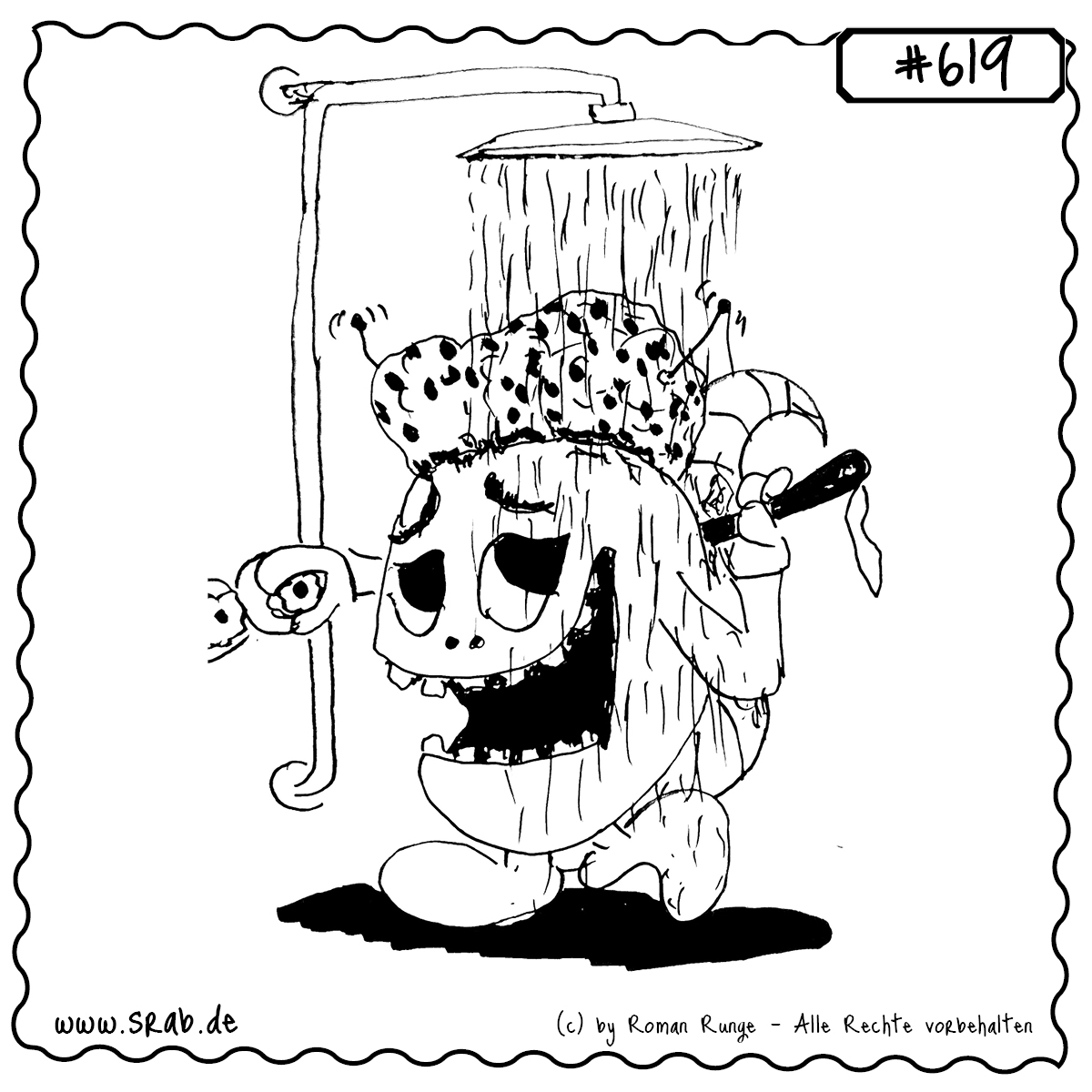 Mit Duschhaube, Bürste und bester Laune steht dieser Srab unter der Dusche. Ein liebevoll gezeichnetes Motiv rund um Pflege, Sauberkeit und die kleinen Rituale des Alltags.