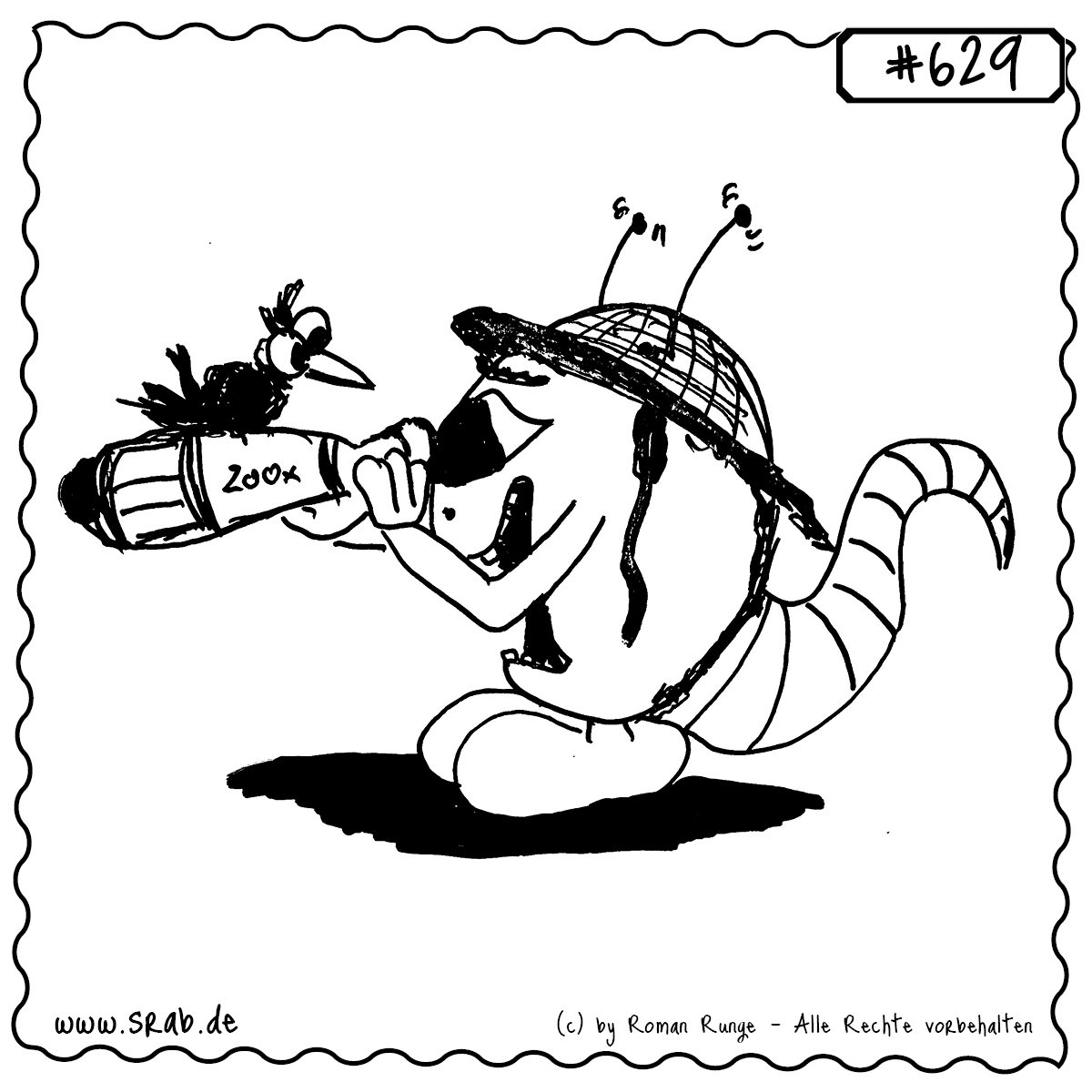 Srab #629 – Vogel Beobachten Fernglas Wissenschaft Natur 1 Dieser Srab ist offenbar als Hobby-Ornithologe unterwegs – mit Tropenhelm, Fernglas und der Aufschrift „200x“. Ironischerweise sitzt der zu beobachtende Vogel direkt auf dem Fernglas. Ein Motiv für Naturfreunde, Forscher oder einfach Liebhaber skurriler Szenen.