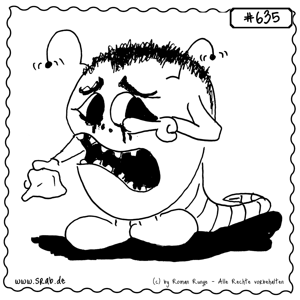 Ein tieftrauriger Srab mit schwarzem Tränenstrom und Taschentuch in der Hand. Seine Antennen hängen, das Gesicht ist verzweifelt. Eine ergreifende Darstellung von Trauer, Kummer und emotionaler Überforderung.