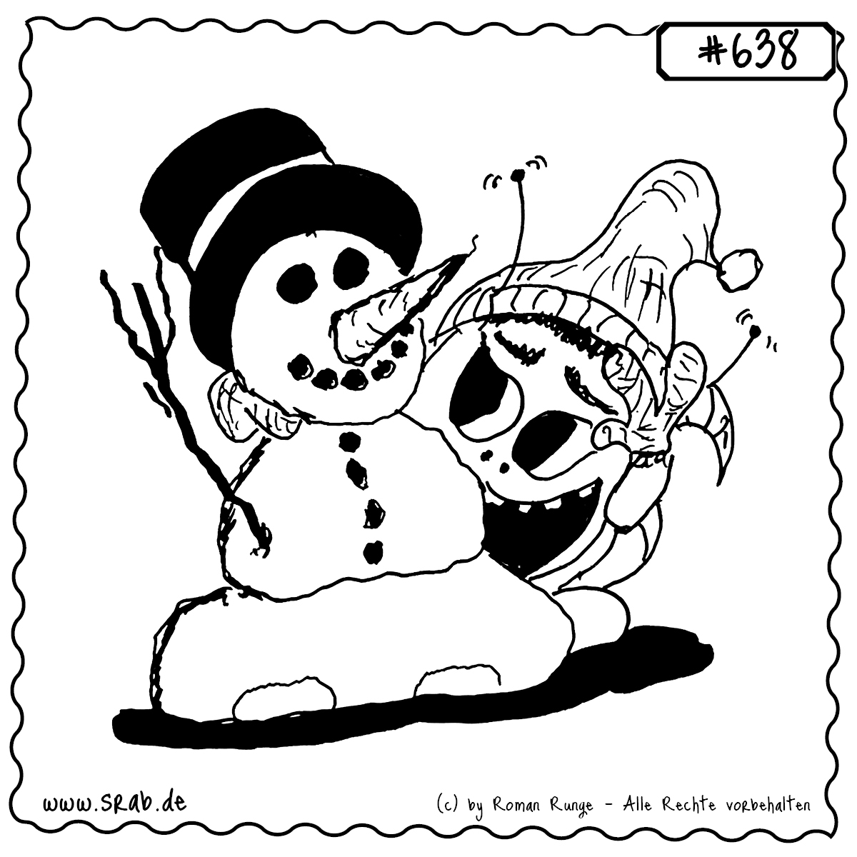Srab #638 – Schneemann Schnee Winter Kindheit 1 Ein Srab kuschelt sich glücklich an einen klassischen Schneemann mit Hut, Möhrennase und Kohlenlächeln. Beide wirken wie alte Freunde mitten im Winterwunderland. Ein Motiv voller Nostalgie und winterlicher Wärme.