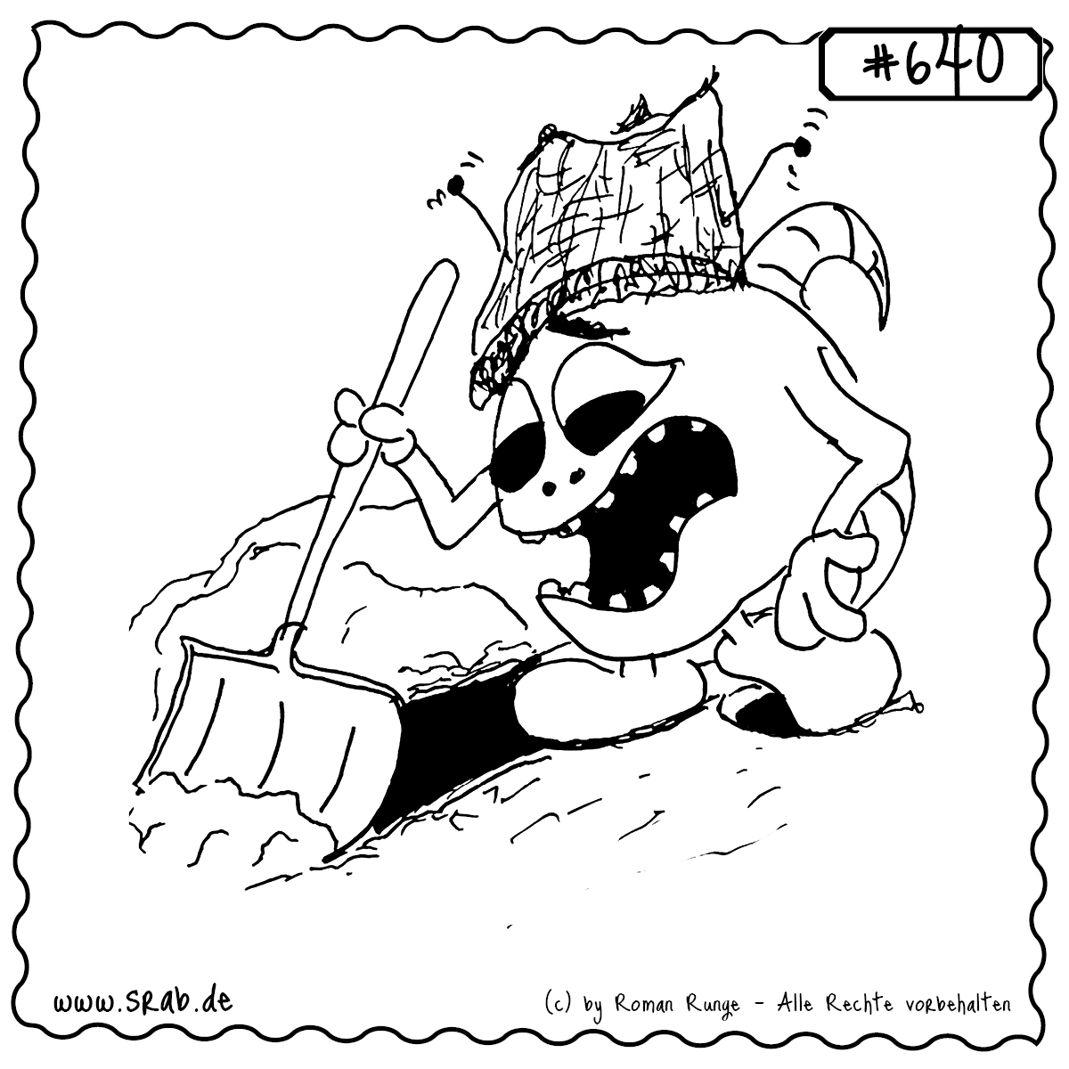 Dieser Srab hat den Winterdienst nicht bestellt – macht ihn aber trotzdem. Mit zerzauster Mütze, mürrischem Gesichtsausdruck und einer Schneeschaufel schiebt er sich durch die weiße Hölle. Die Straße ist glatt, der Schnee schwer, der Unmut groß. Winterfrust pur.