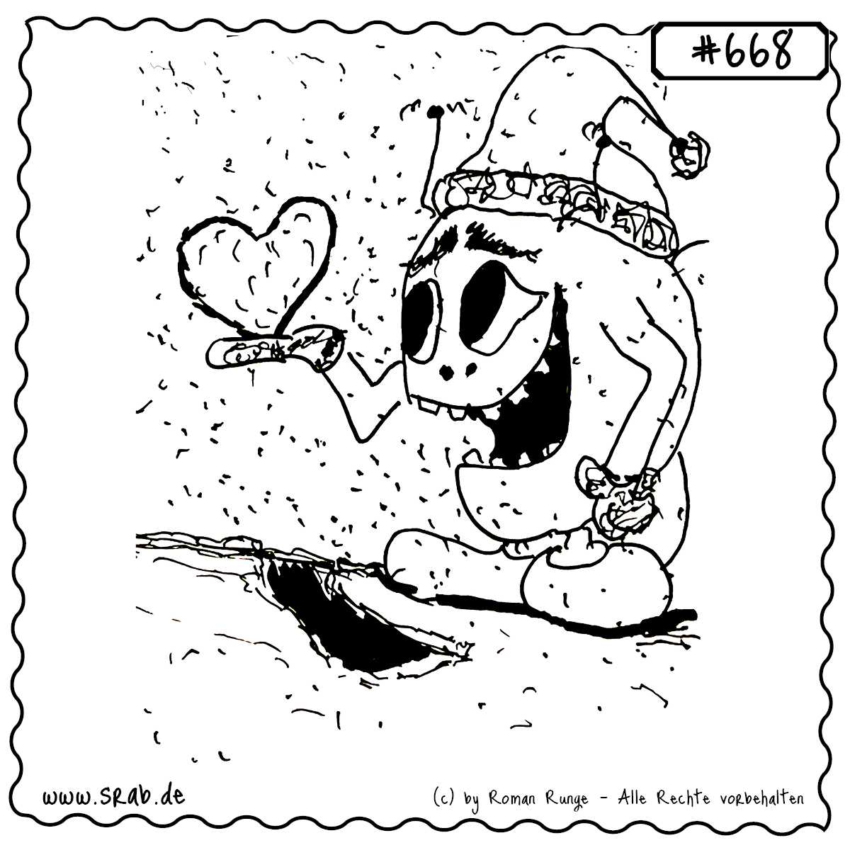 Srab #668 – Schnee Weihnachten Herz Liebe Winter Kalt Muetze 1 Dieser Srab hat das Herz am rechten Fleck – und das sogar mitten im Schneetreiben. Mit Mütze auf dem Kopf, einem breiten Lächeln und einem liebevoll dargebotenen Kissenherz trotzt er der Kälte. Ideal für winterliche Grußkarten, Weihnachtsbotschaften oder herzerwärmende Geschenkideen mit Schneeflockenromantik.