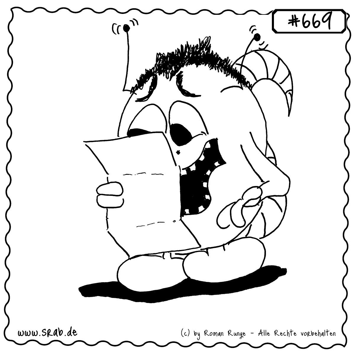 Dieser Srab hat einen Brief geöffnet und liest ihn mit sichtlicher Freude. Mit einem breiten Grinsen auf dem Gesicht und großen Augen voller Neugier wirkt er wie jemand, der gerade gute Nachrichten erhalten hat. Ein universelles Motiv rund um Kommunikation, Schreiben, Post und persönliche Botschaften.