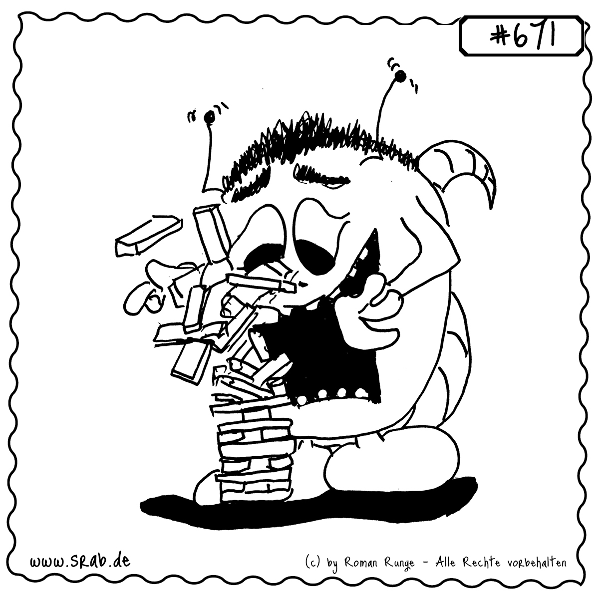 Dieser Srab hat sich beim Spielen offensichtlich verschätzt – der Holzturm, den er mühsam gebaut hat, kracht gerade in sich zusammen! Mit erschrockenem Blick, offenen Armen und herabfallenden Holzklötzen vermittelt dieses Motiv perfekt das Chaos eines kleinen Moments. Ideal für Themen wie Spiele, Scheitern, Konzentration oder auch Spaß mit Lerncharakter.