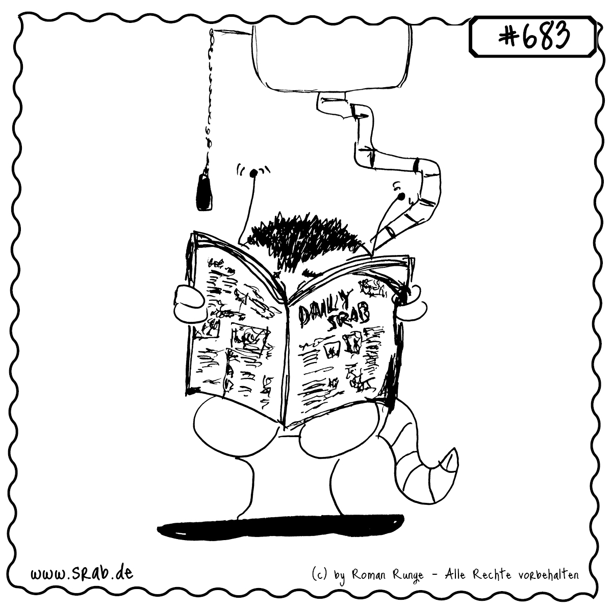 Srab #683 – Wc Zeitung Toilette Lesepause 1 Dieser Srab gönnt sich eine ruhige Leseeinheit auf dem stillen Örtchen. Mit der „Daily Srab“-Zeitung in der Hand sitzt er konzentriert auf der Toilette, bereit für kleine (oder große) Geschäfte. Ein humorvoller Klassiker, der garantiert für Schmunzler sorgt – ideal für Badezimmerdeko, WC-Hinweisschilder oder Leseecken.