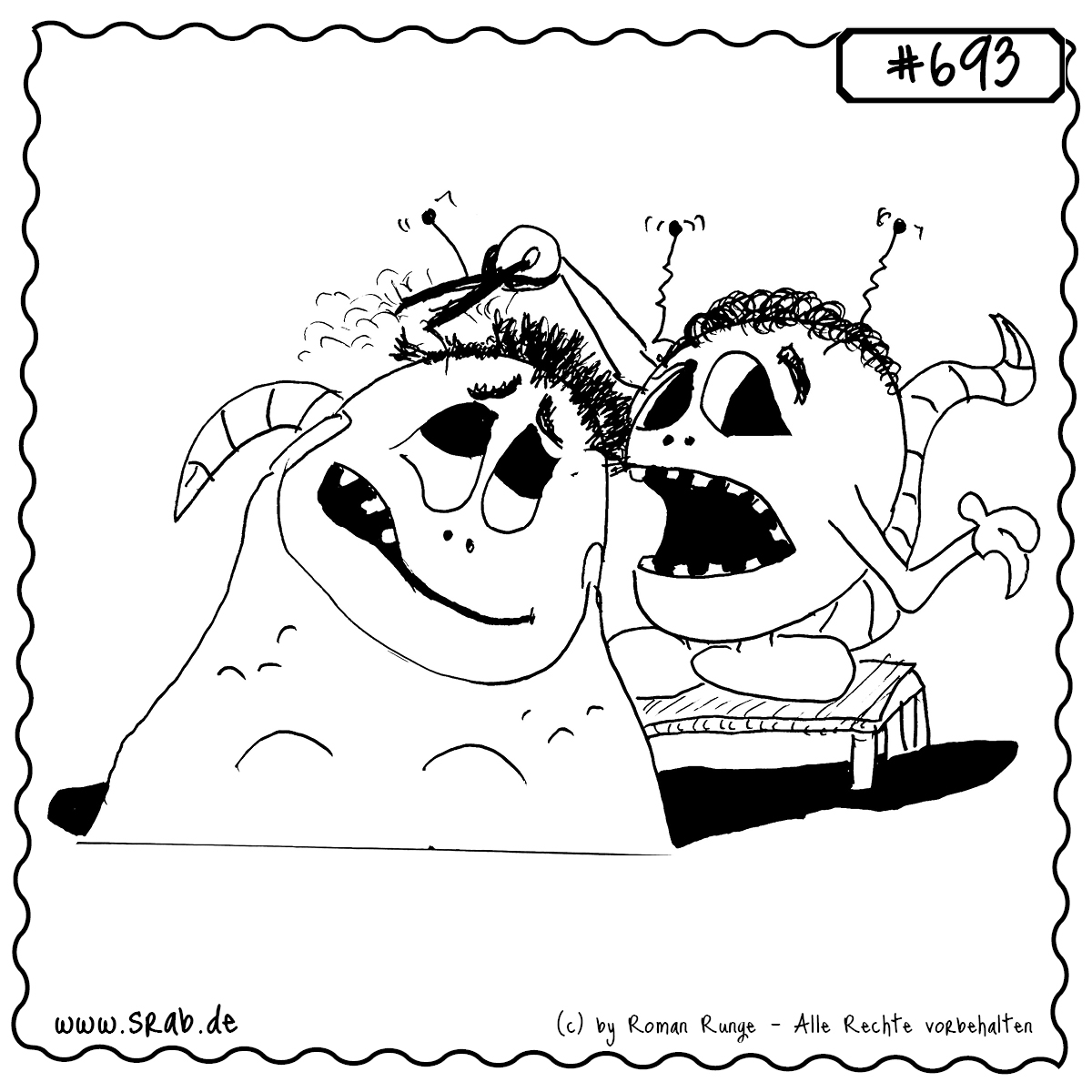 Zwei Srabs im Friseursalon – einer sitzt entspannt auf dem Stuhl, der andere hantiert mit der Schere. Doch irgendetwas läuft hier ganz und gar nicht wie geplant. Die entsetzten Blicke und die abstehenden Haare sprechen für sich: Ein Friseur-Fail der galaktischen Sorte. Ideal für Motive rund um Beruf, Pannen oder einfach schrägen Humor.