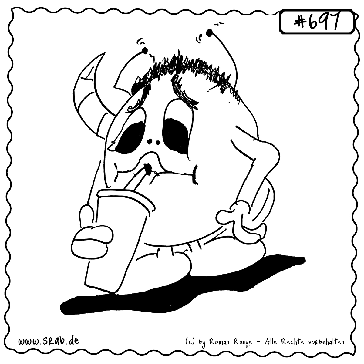 Dieser Srab wirkt erschöpft und müde, während er an einem Becher mit Strohhalm nippt – vermutlich ein Softdrink oder ein Energieschub-Versuch. Der Blick spricht Bände: keine Lust, keine Energie, aber trotzdem weitermachen. Ein typisches Alltagsmotiv zwischen Durchhänger und Durchhalten.