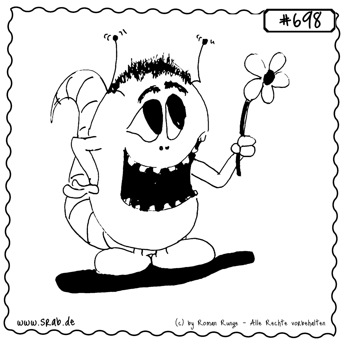 Srab #698 – Blume Geschenk Liebe Schoen Bluete 1 Ein fröhlicher Srab mit einem breiten Lächeln hält stolz eine einfache, aber schöne Blume in der Hand. Ein liebevoller, charmanter Moment, der sich hervorragend für Themen wie Zuneigung, Freundschaft oder ein kleines Dankeschön eignet. Dieses Motiv strahlt Positivität und Wertschätzung aus.