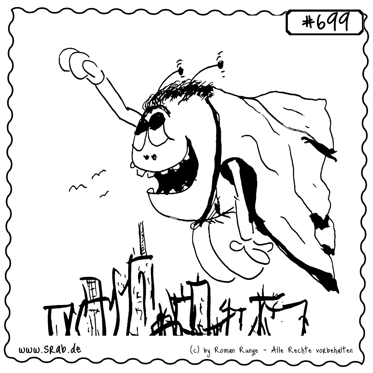 Srab #699 – Superheld Fliegen Cape Hero Stadt 1 Dieser Srab schwebt mit entschlossenem Blick und flatterndem Cape über einer Skyline – ganz in klassischer Superheldenpose. Ob Mutmacher, Alltagsheld oder einfach nur ein Kindheitstraum mit Antennen: Dieses Motiv hebt ab! Perfekt für Beiträge über Stärke, Hoffnung, Superkräfte oder heroische Alltagsaktionen.
