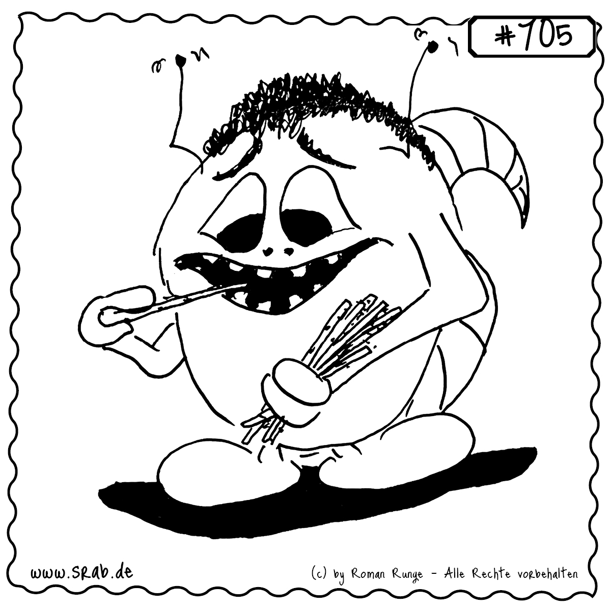 Srab #705 – Knabbersticks Snack Salzstangen 1 Dieser Srab knabbert genüsslich an einem Salzstick und hält eine ganze Ladung in der Hand. Mit breitem Grinsen und voller Hingabe – ein Fest für Snack-Liebhaber.