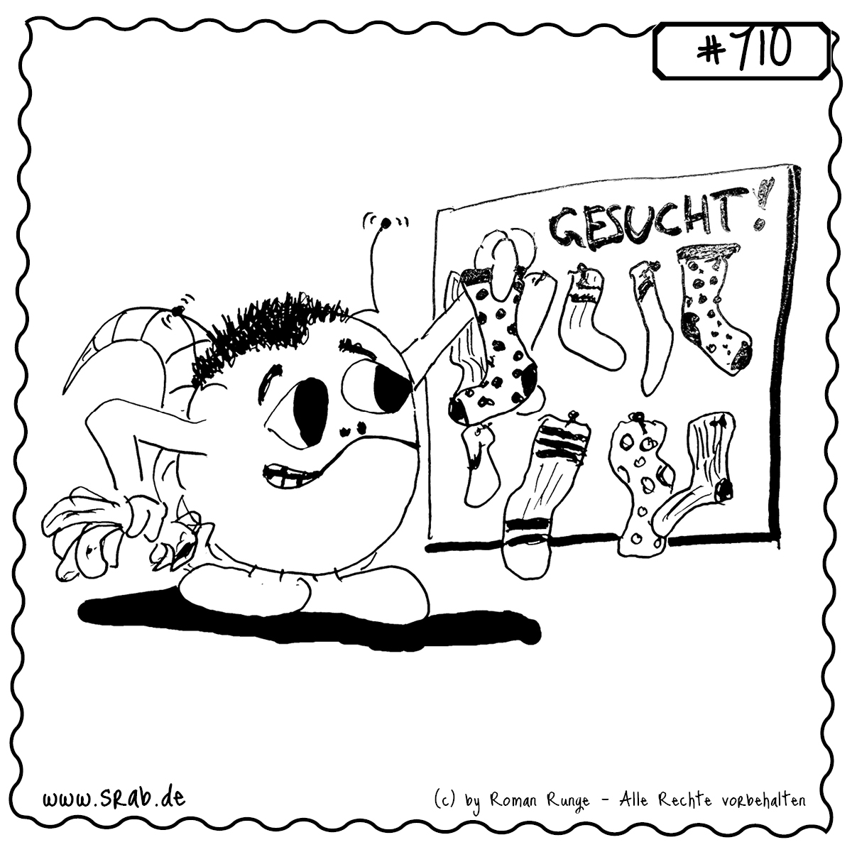 Vor einem „Gesucht!“-Plakat mit verschwundenen Socken hält dieser Srab ein paar Einzelstücke in der Hand. Ob Detektiv oder Täter – er ist mitten im Wäsche-Mysterium.